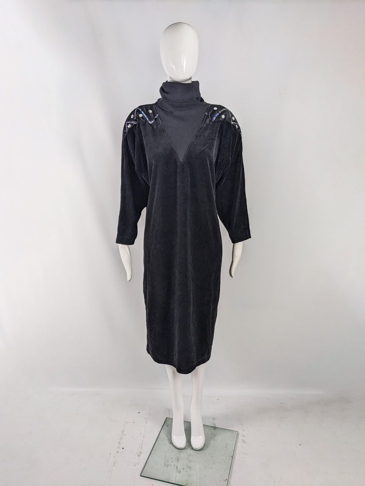Vintage Black Velour Beaded Oversized Party Dress, 1980s