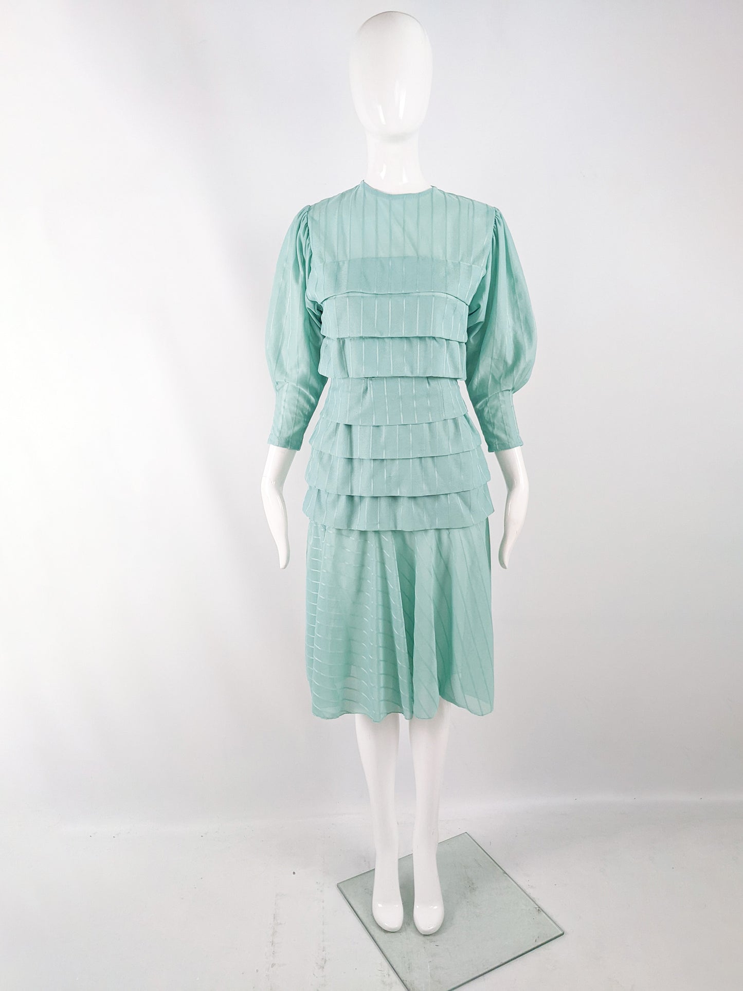 Vintage Mint Tiered Puff Sleeve Dress, 1970s