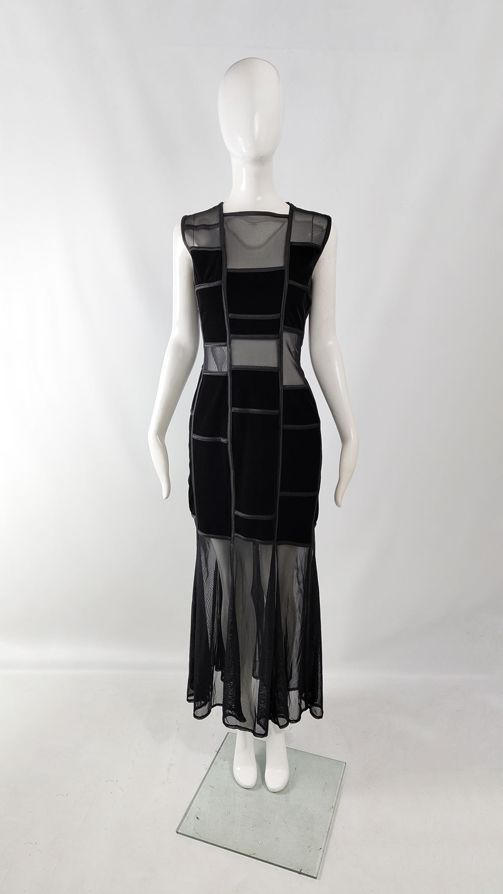 Tadashi Vintage Black Velvet & Sheer Mesh Evening Dress, 1990s