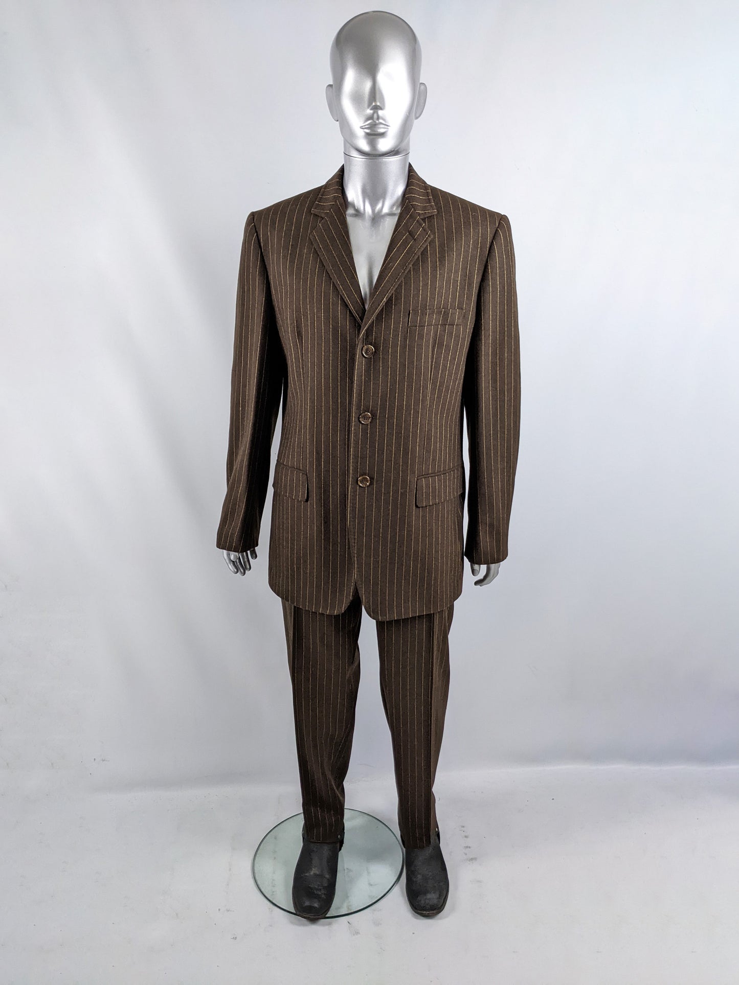 Mens Vintage Two Piece Brown Pinstripe Wool Suit, 1990s
