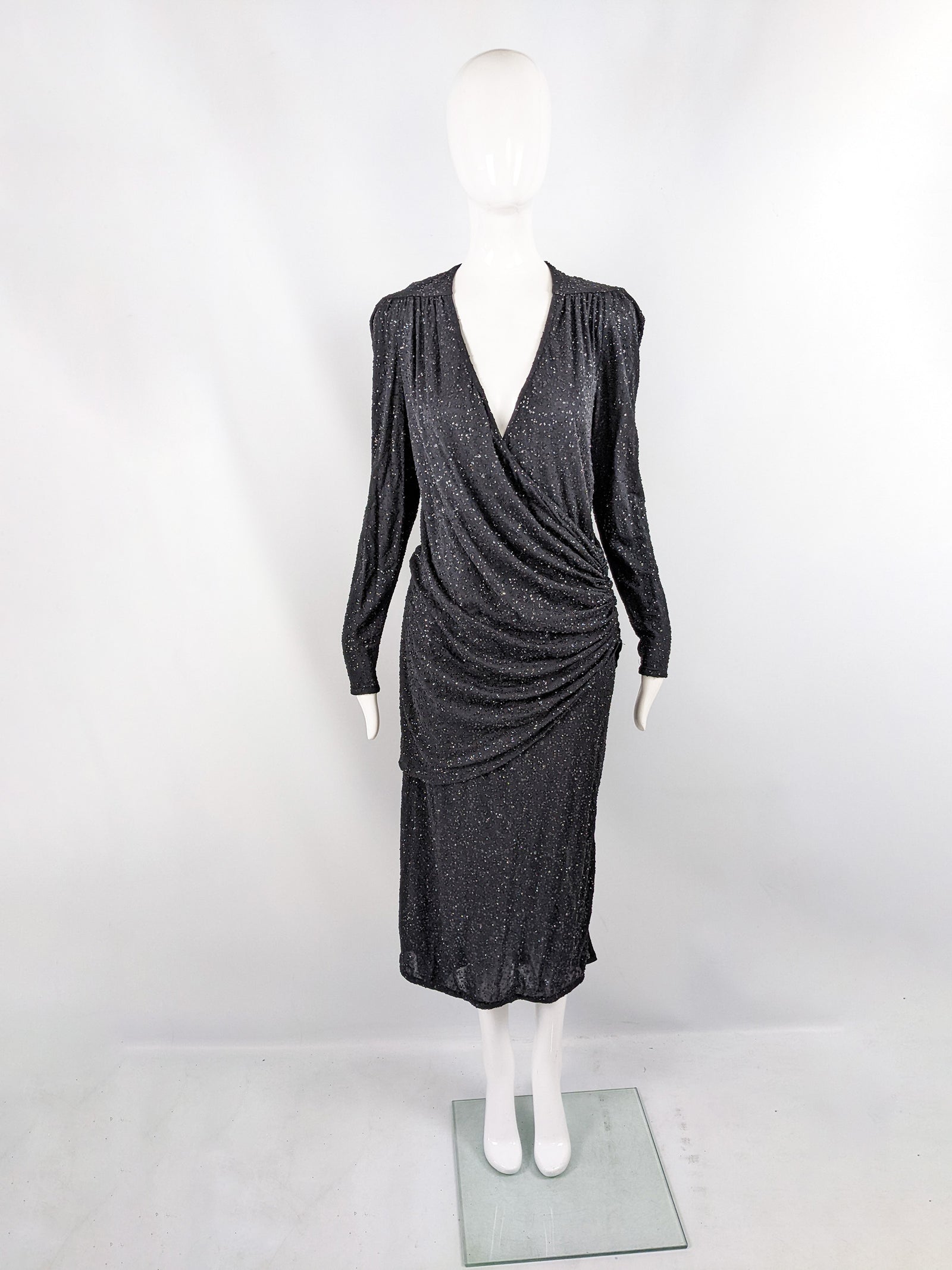 Frank Usher Vintage Black Sequin Glitter Effect Evening Dress, 1980s