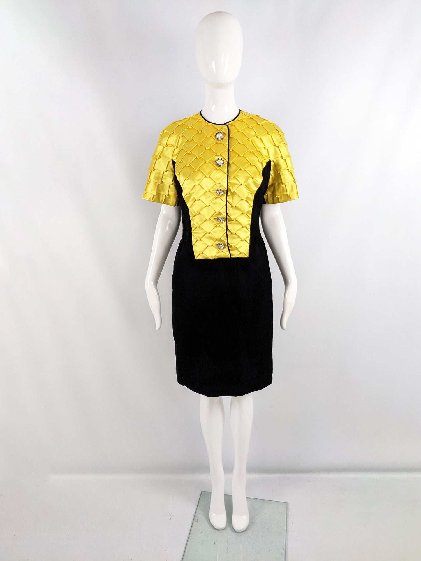 Murray Arbeid Vintage Black Velvet & Yellow Satin Cocktail Dress, 1980s
