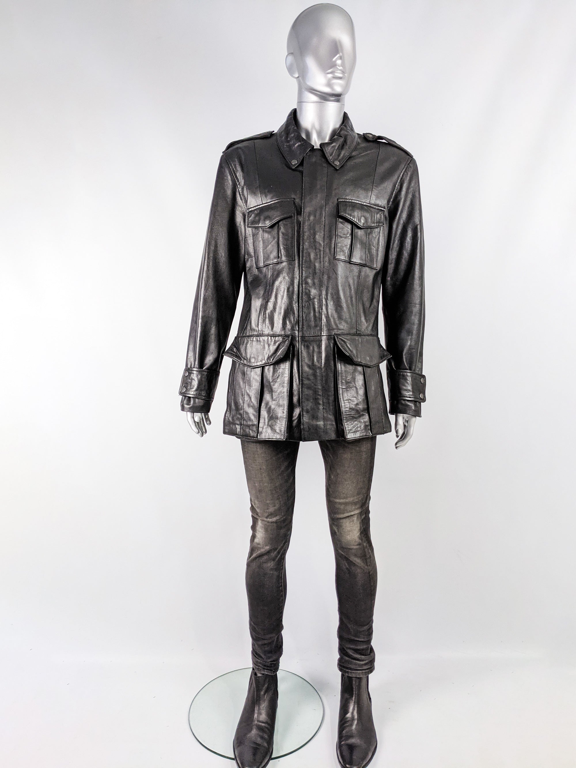 Vintage Mens Safari Style Black Leather Half Norfolk Jacket 1990s