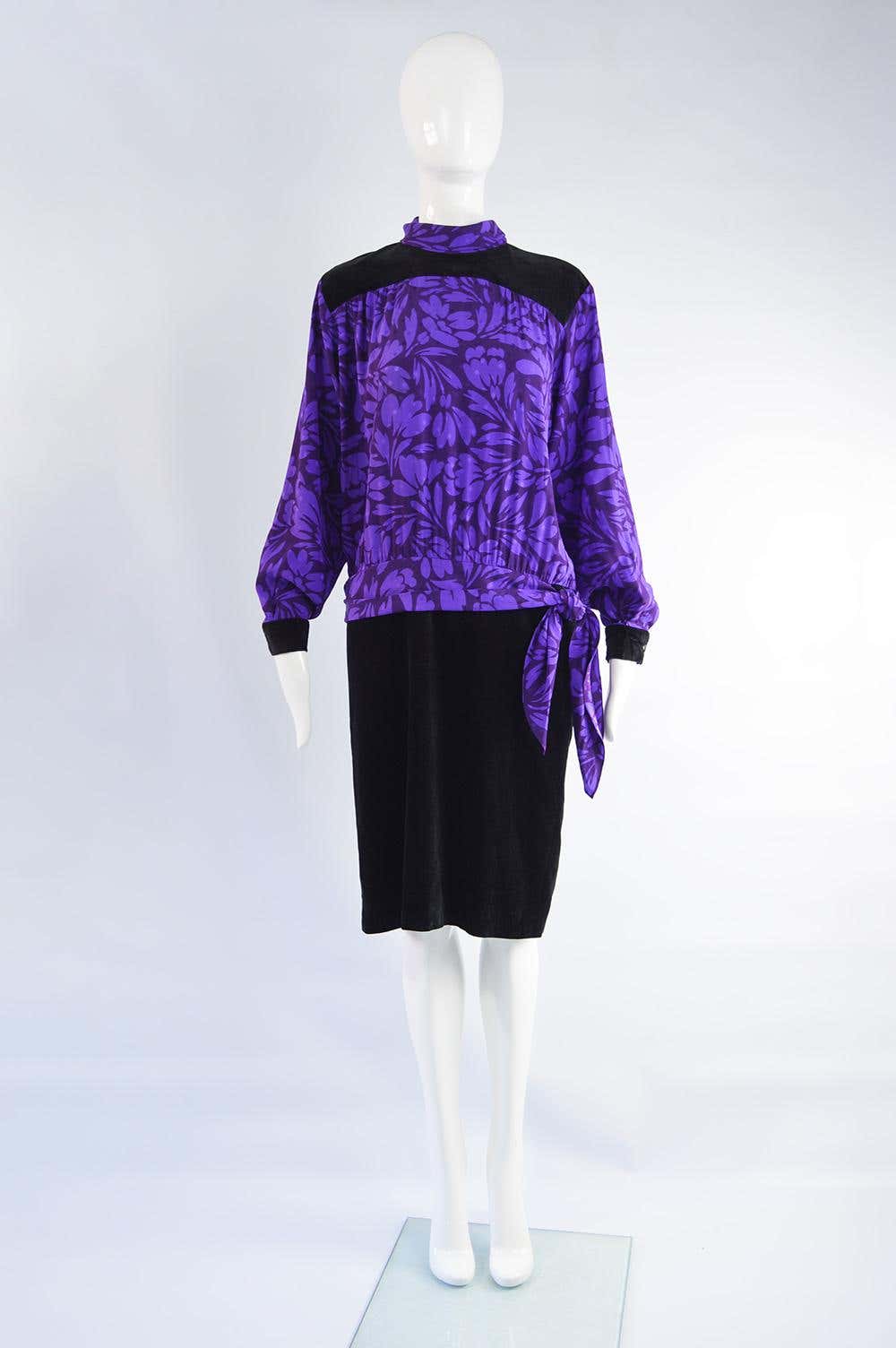 Guy Laroche Vintage Purple Jacquard & Black Velvet Dress, 1980s
