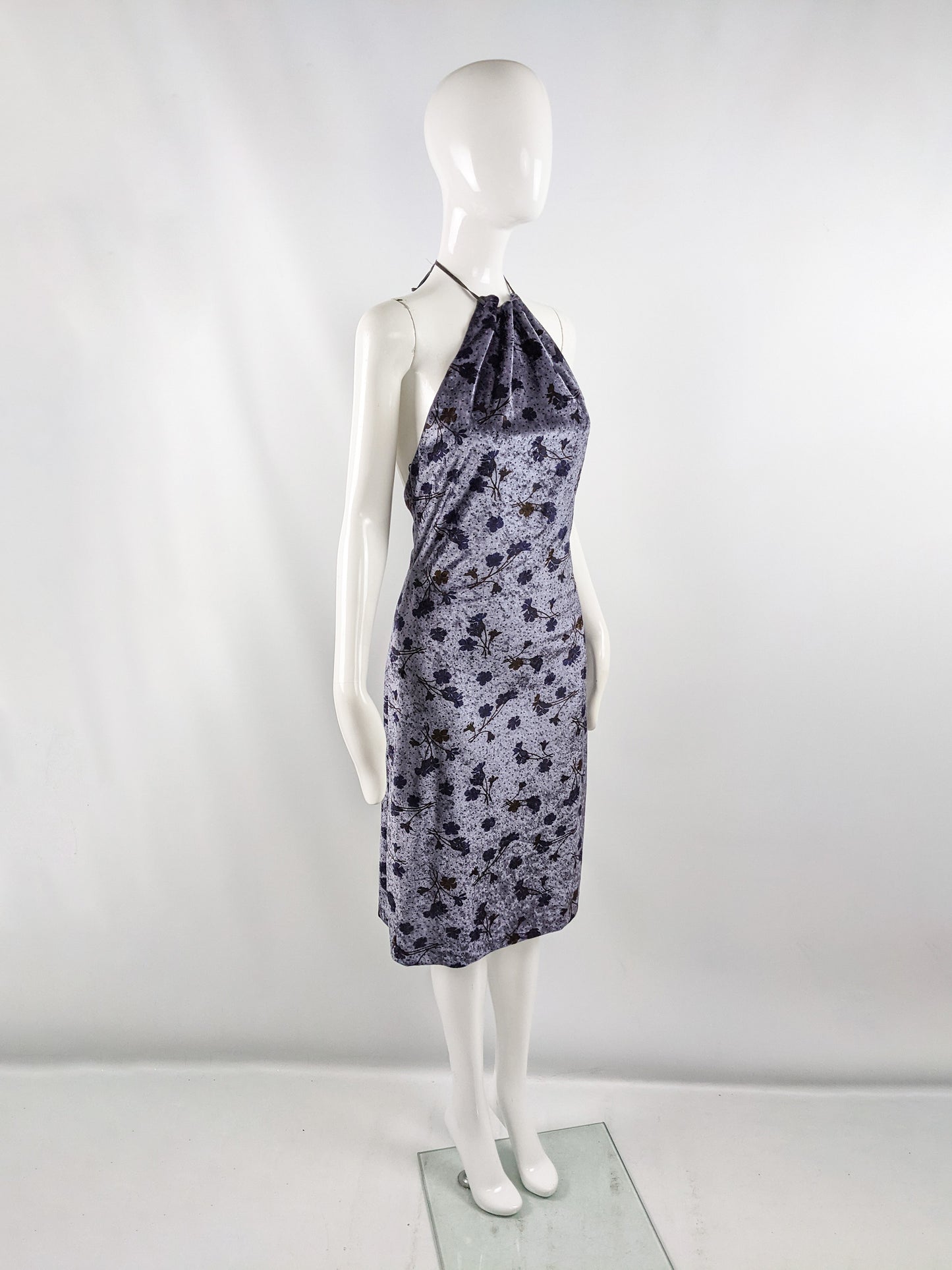 Vintage Floral Velvet Backless Halter Dress, 2000s