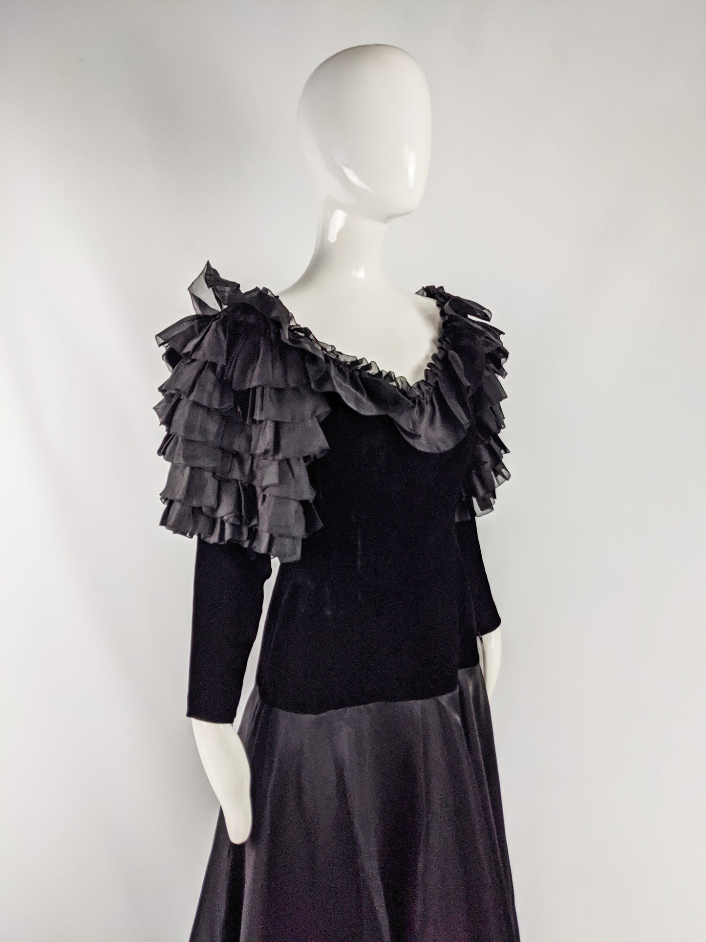 Jean Louis Scherrer Vintage Black Velvet & Silk Organza Dress, 1980s