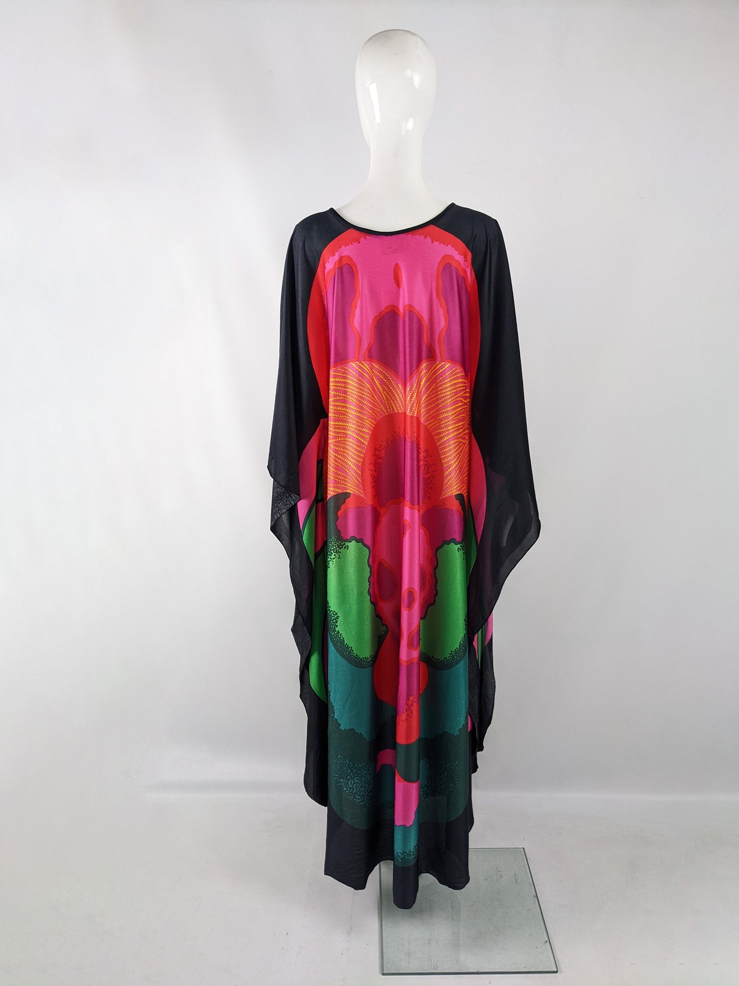 Clive Byrne Vintage Black Floral Kaftan Dress, 1970s