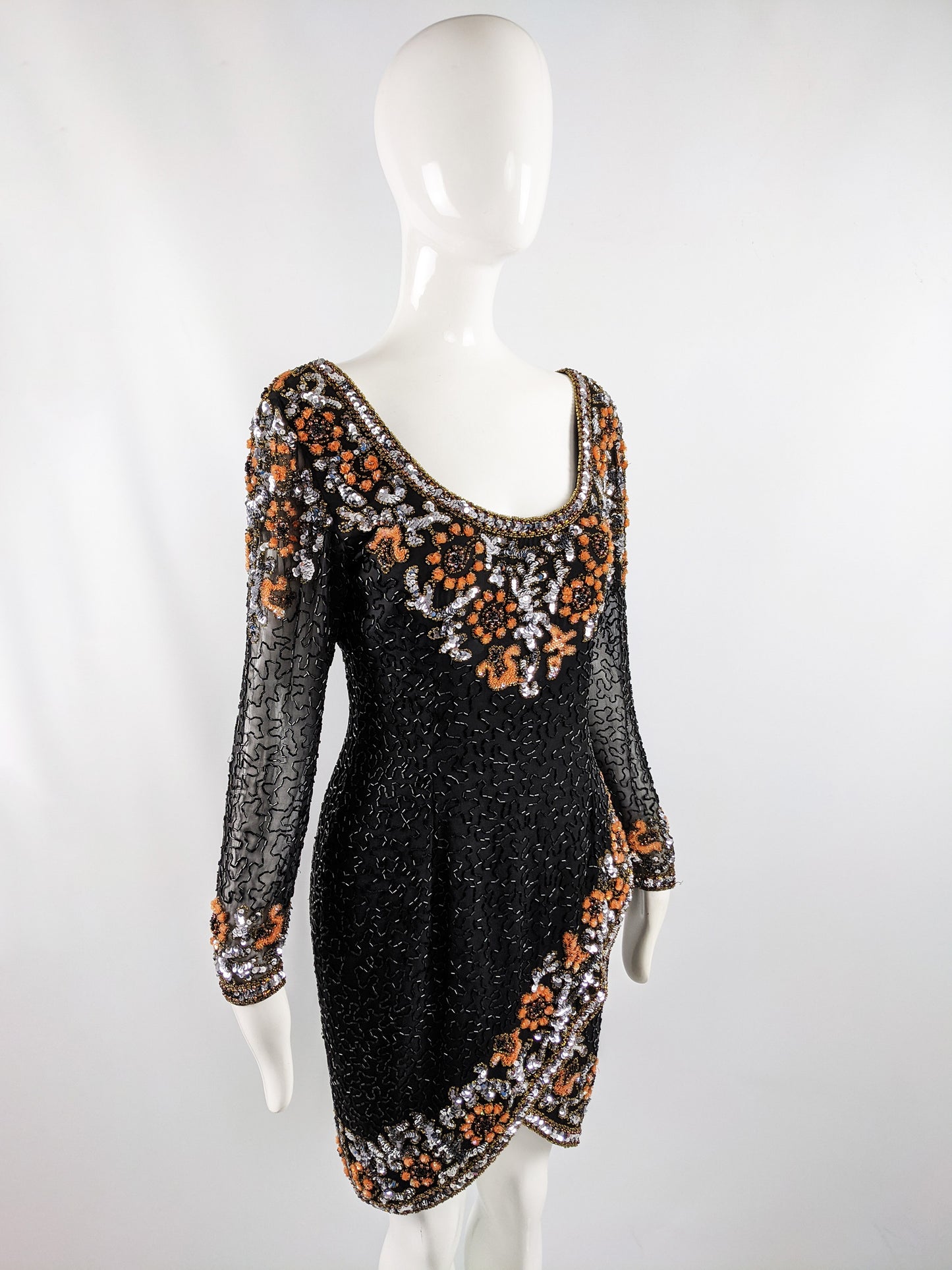 Oleg Cassini Vintage Black & Orange Beaded Sequin Dress, 1980s