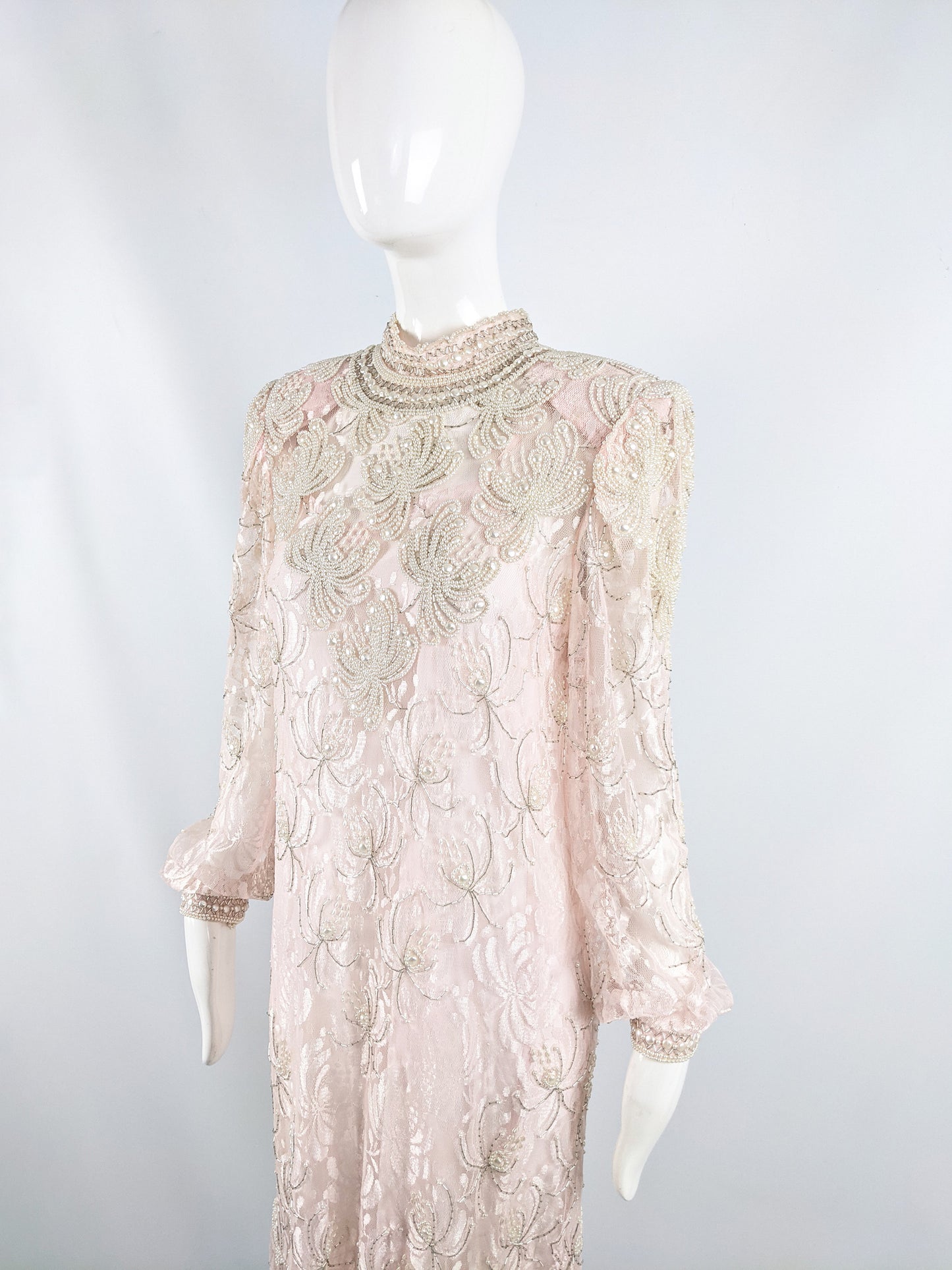 Vintage Sheer Pink Lace Faux Pearl Beaded Dress, 1980s
