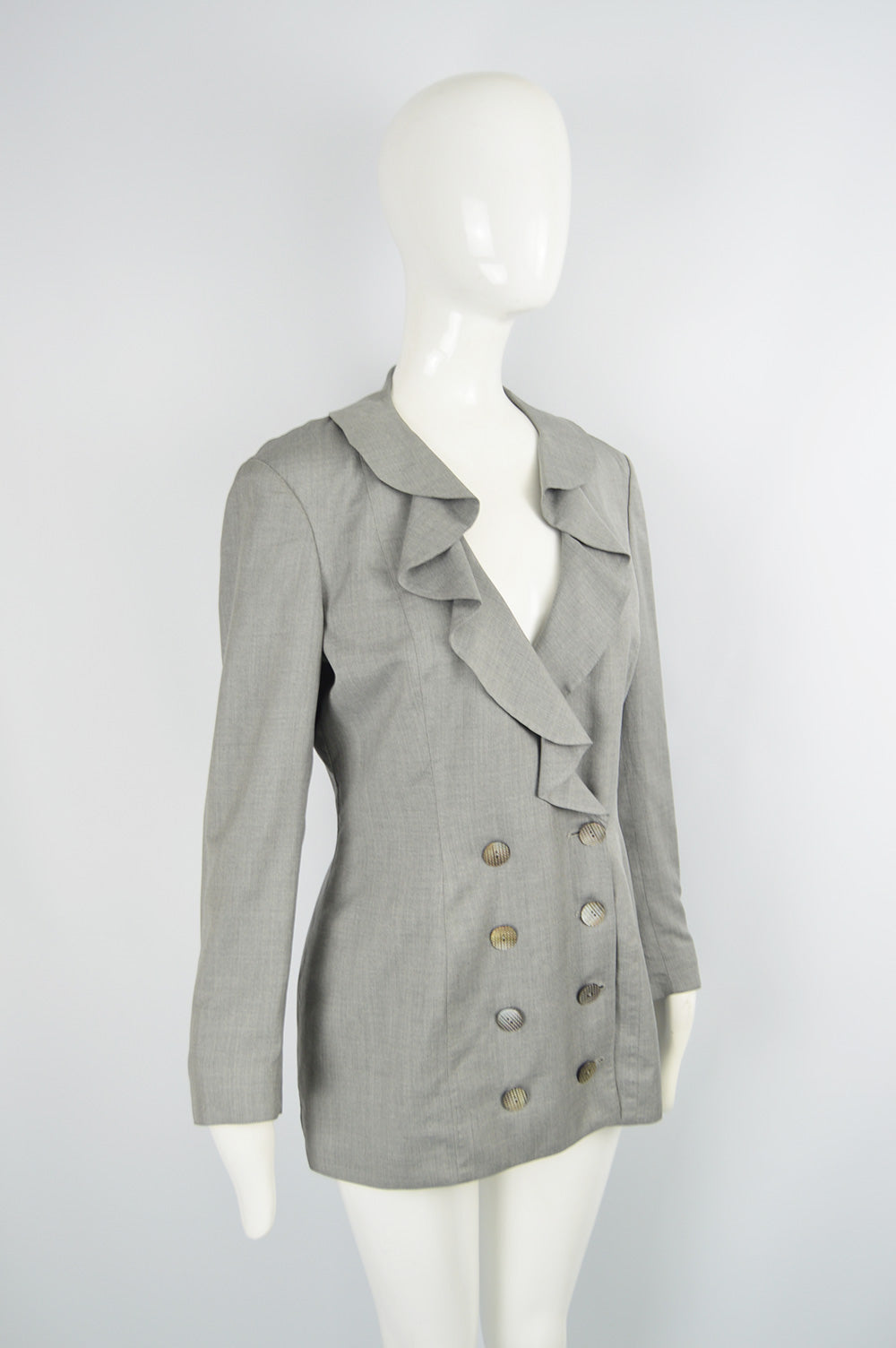Vintage Grey Ruffled Collar Blazer Jacket, 1980s
