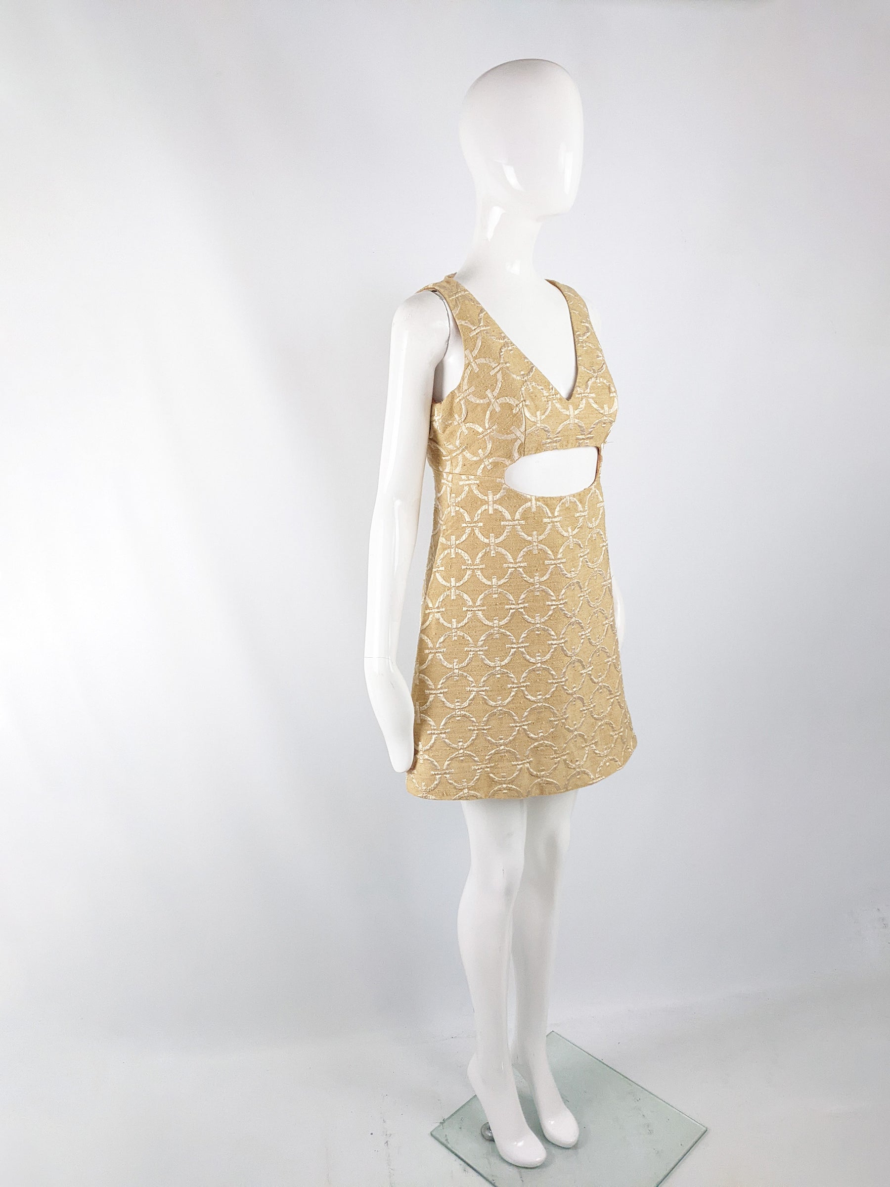 Peter Collins Vintage Gold Brocade Space Age Cut Out Dress, 1960s