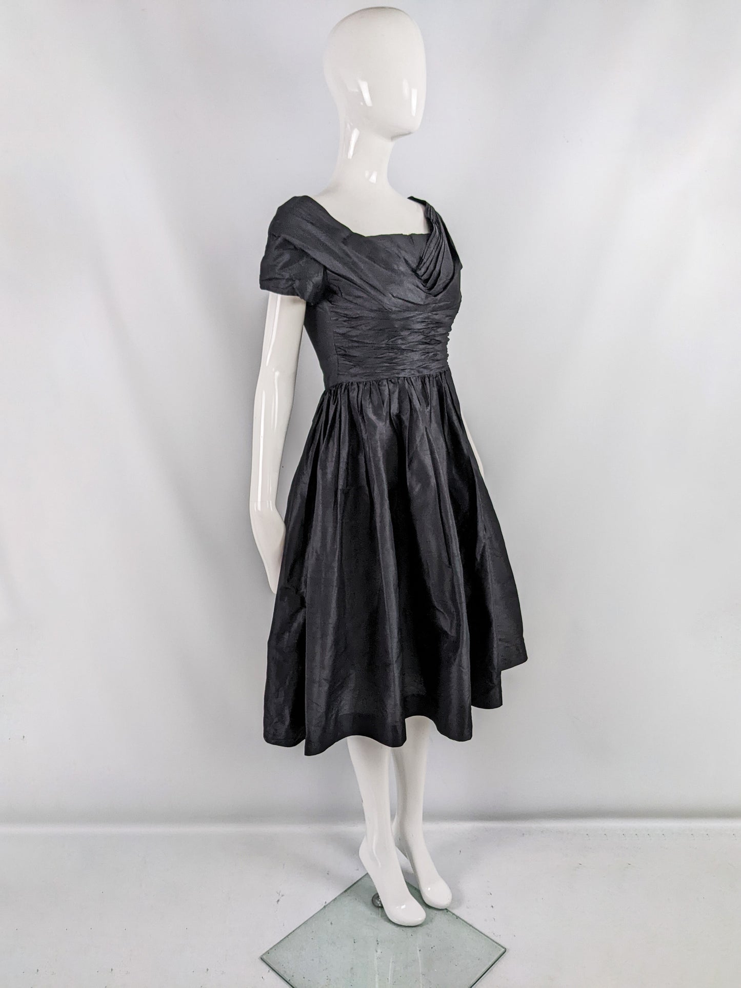 Koupy Model Couture Vintage 50s Black Silk Taffeta Dress, 1950s