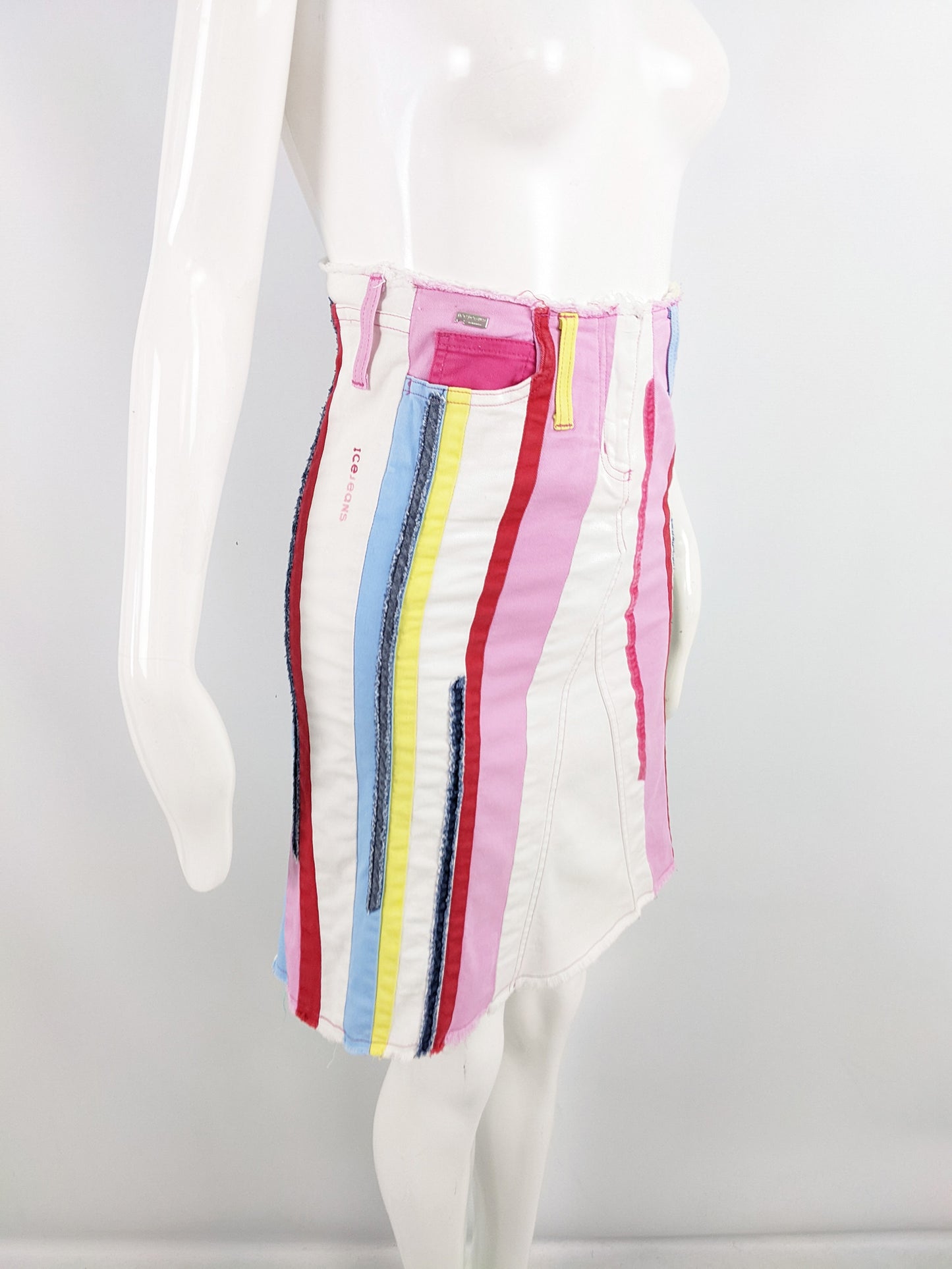 Iceberg Vintage Y2K Multicolored White Denim Patchwork Skirt, 2000s