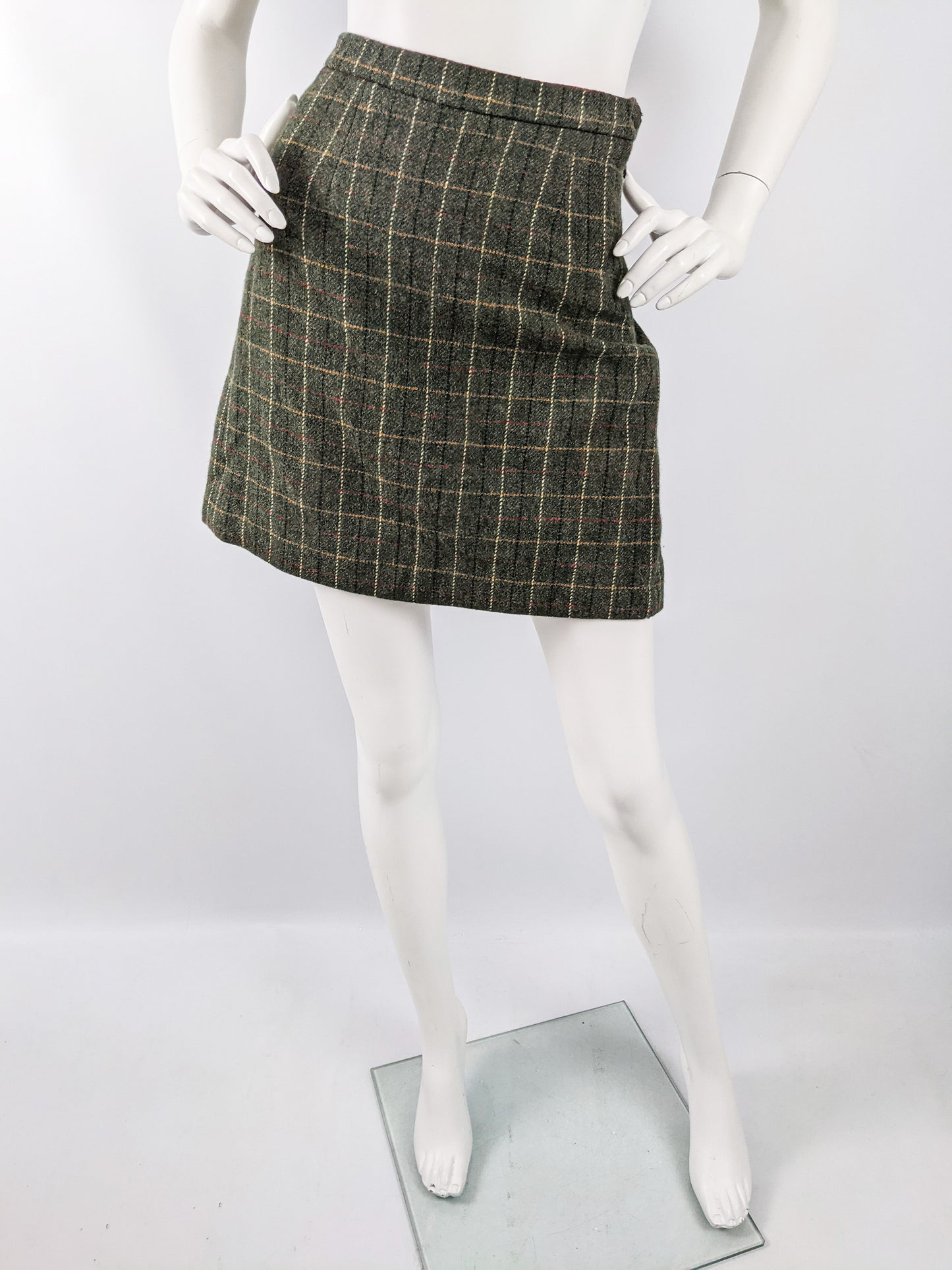 Moschino Vintage Green Wool Pleated Bow Mini Skirt, 1990s