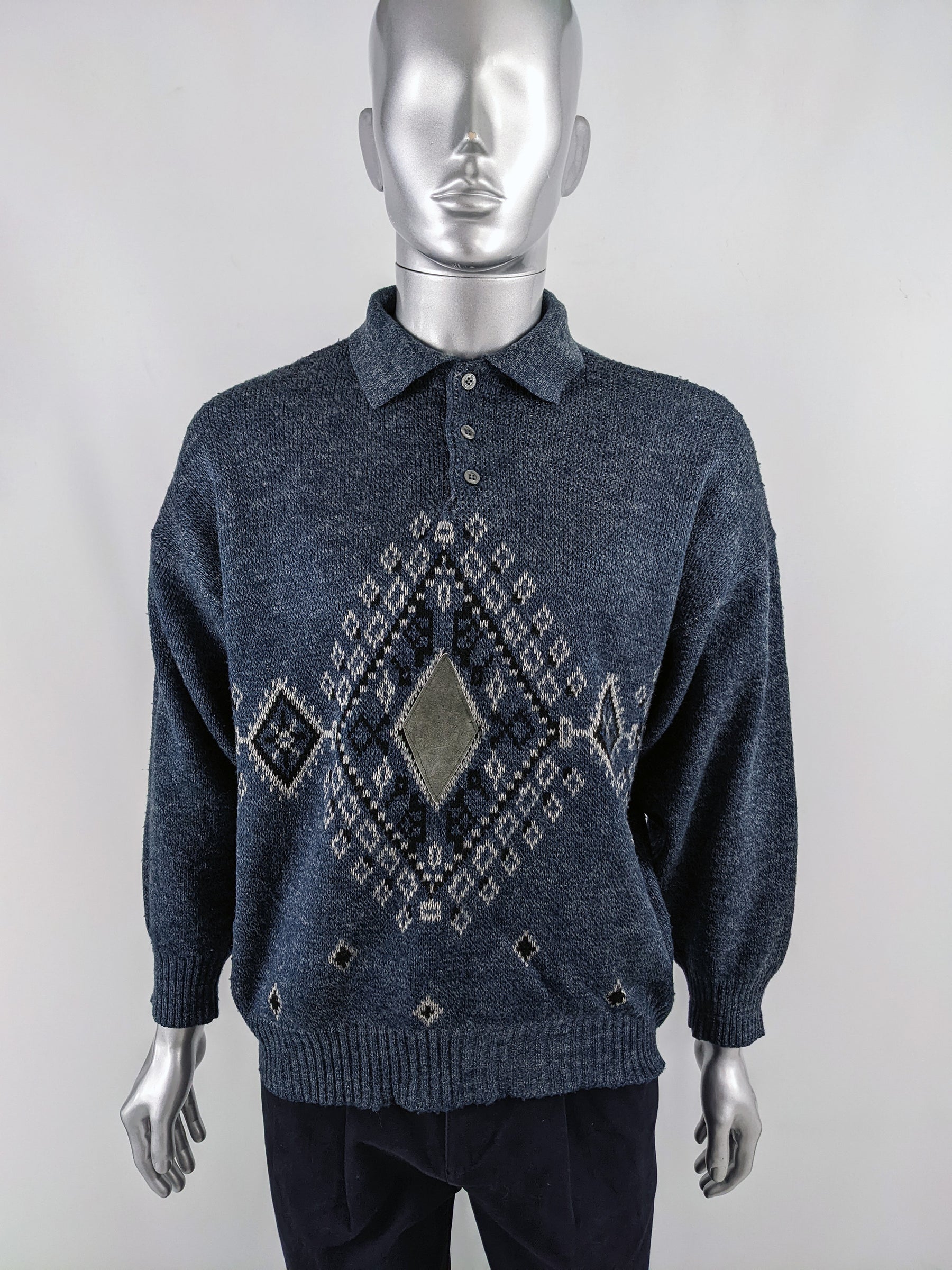 Vintage 1980s Mens Wool Blend Suede Patch Jumper