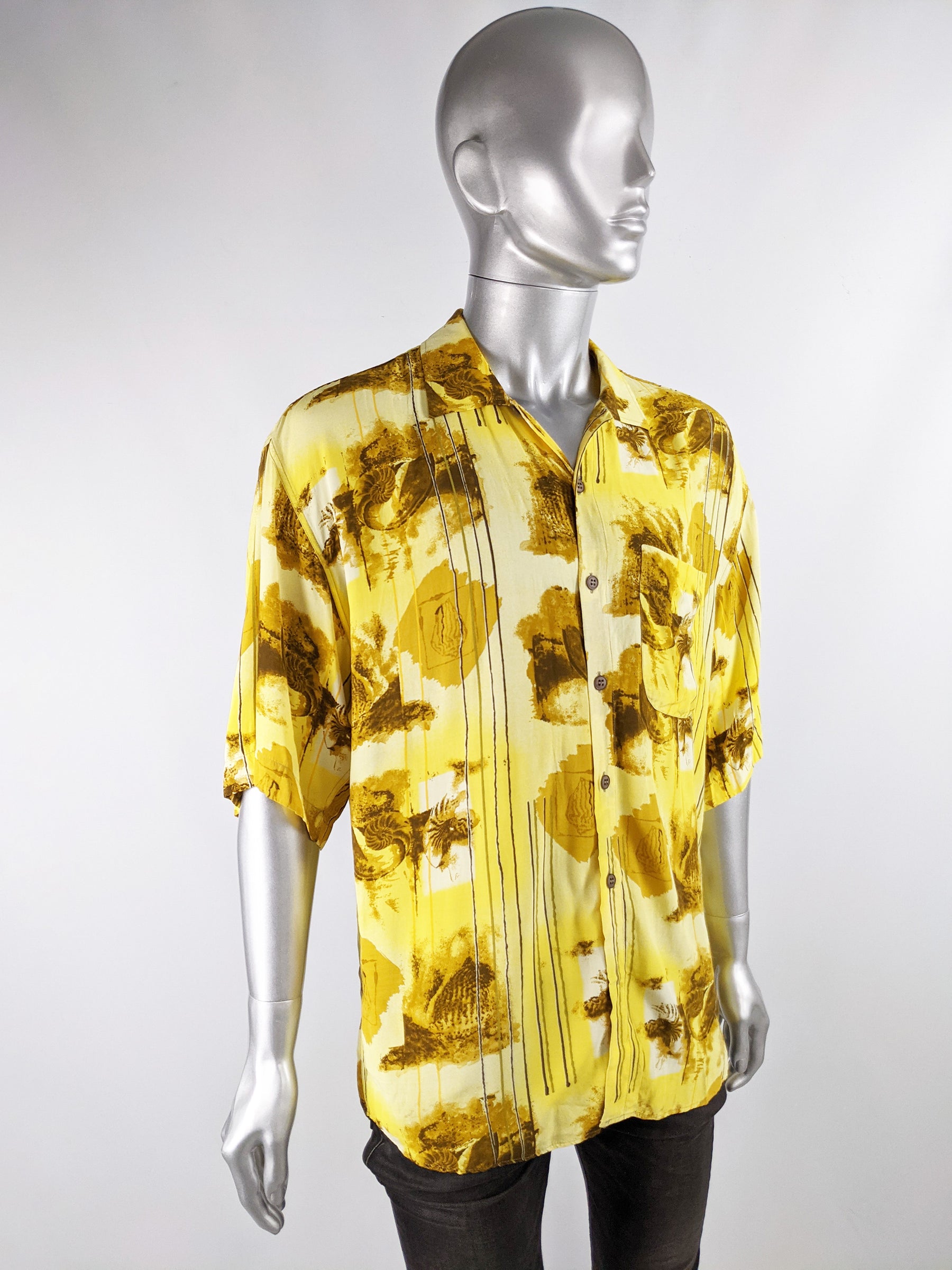 Mens Vintage Oversized Yellow Rayon Shirt, 1980s