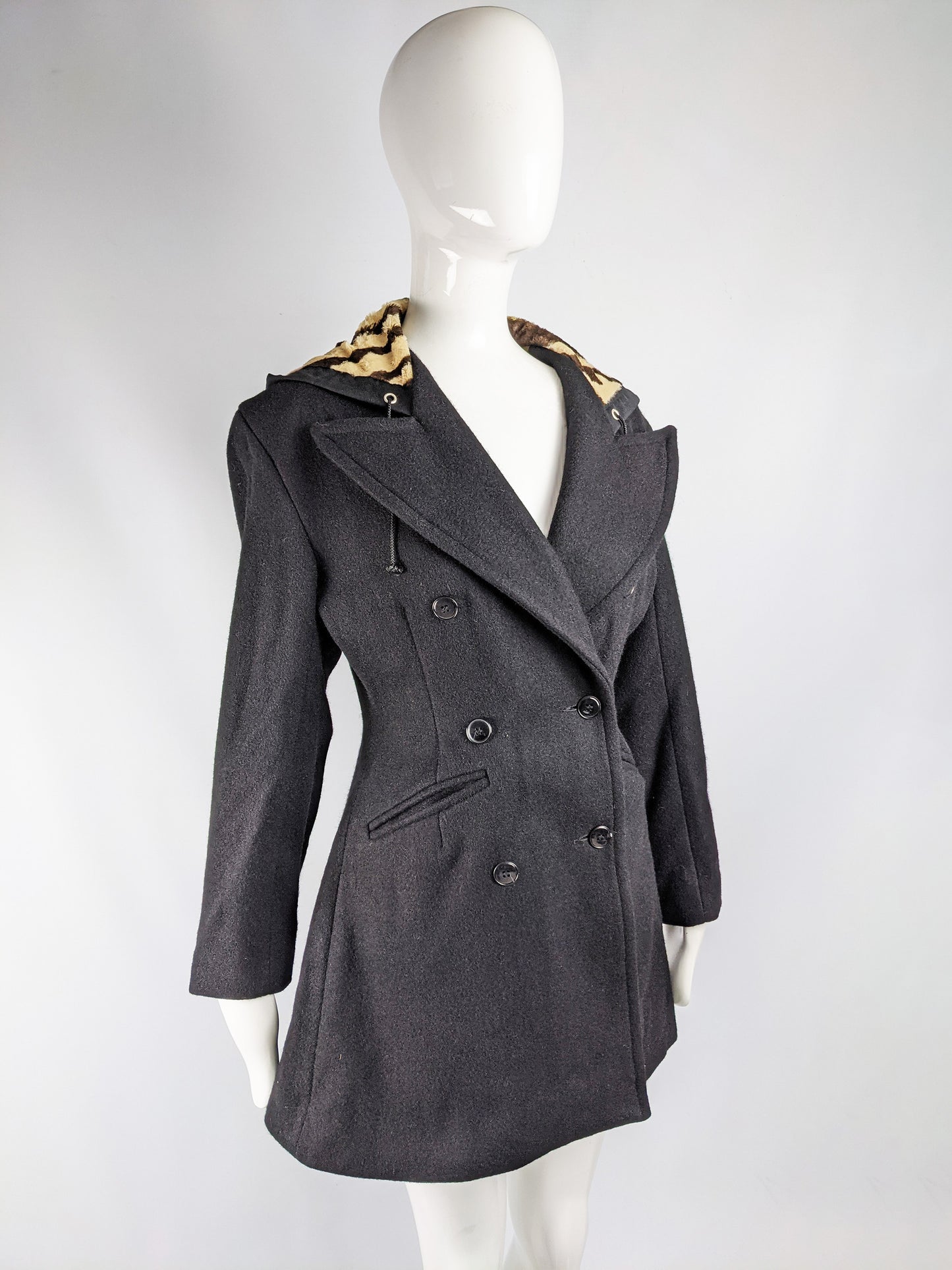 Vintage Womens Nipped Waist Wool & Faux Fur Coat, 1980s