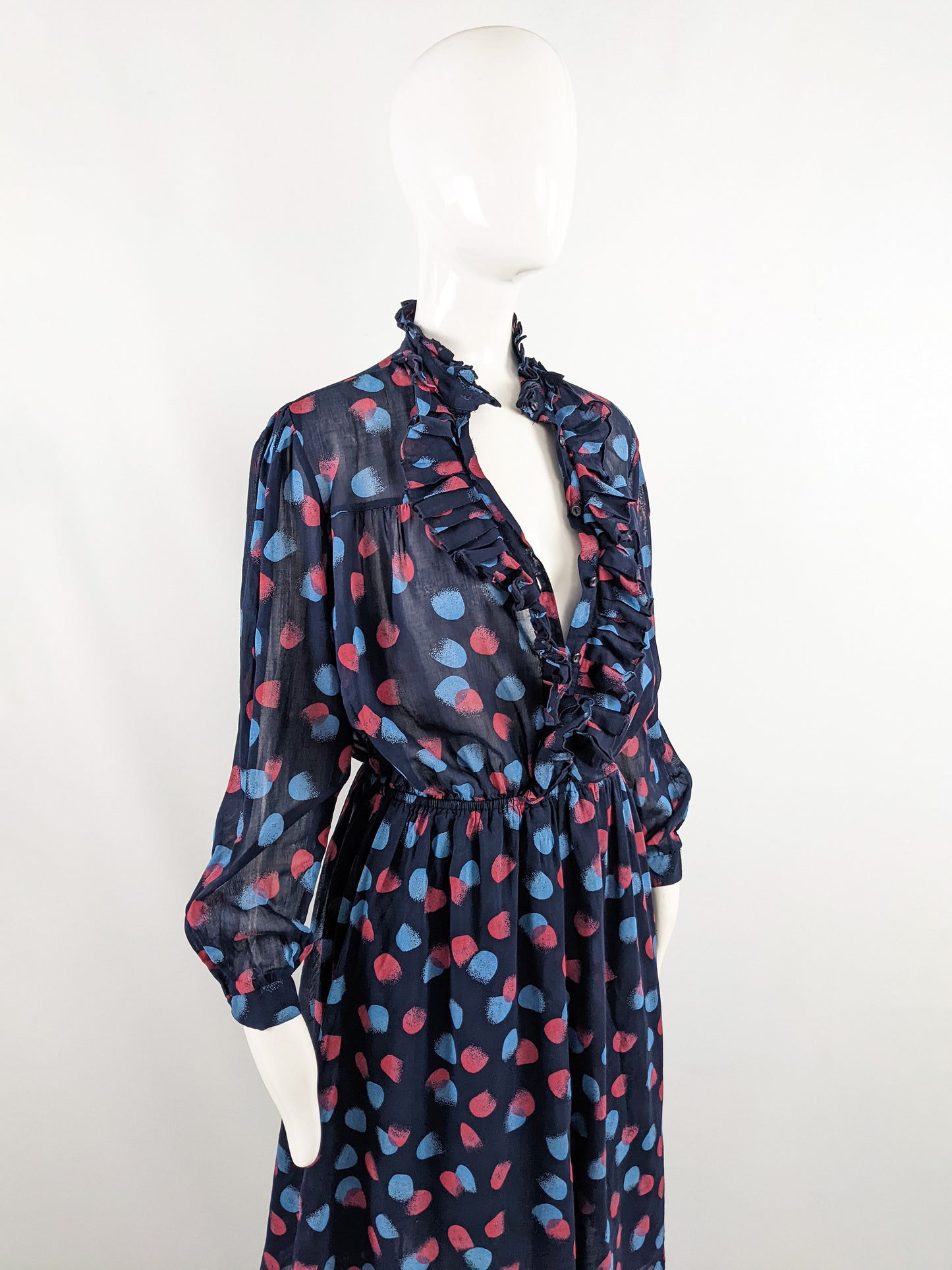 Vintage Navy Blue Sheer Cotton Ruffle Shirt Dress, 1970s