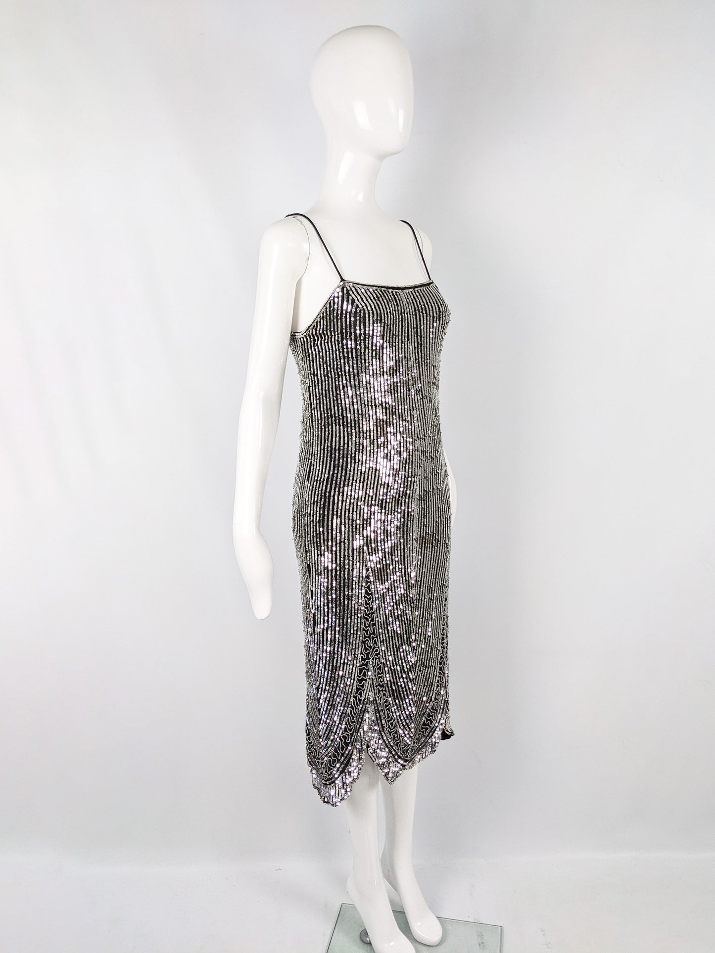 Vintage Black Silk & Silver Sequin Art Deco Party Dress, 1980s