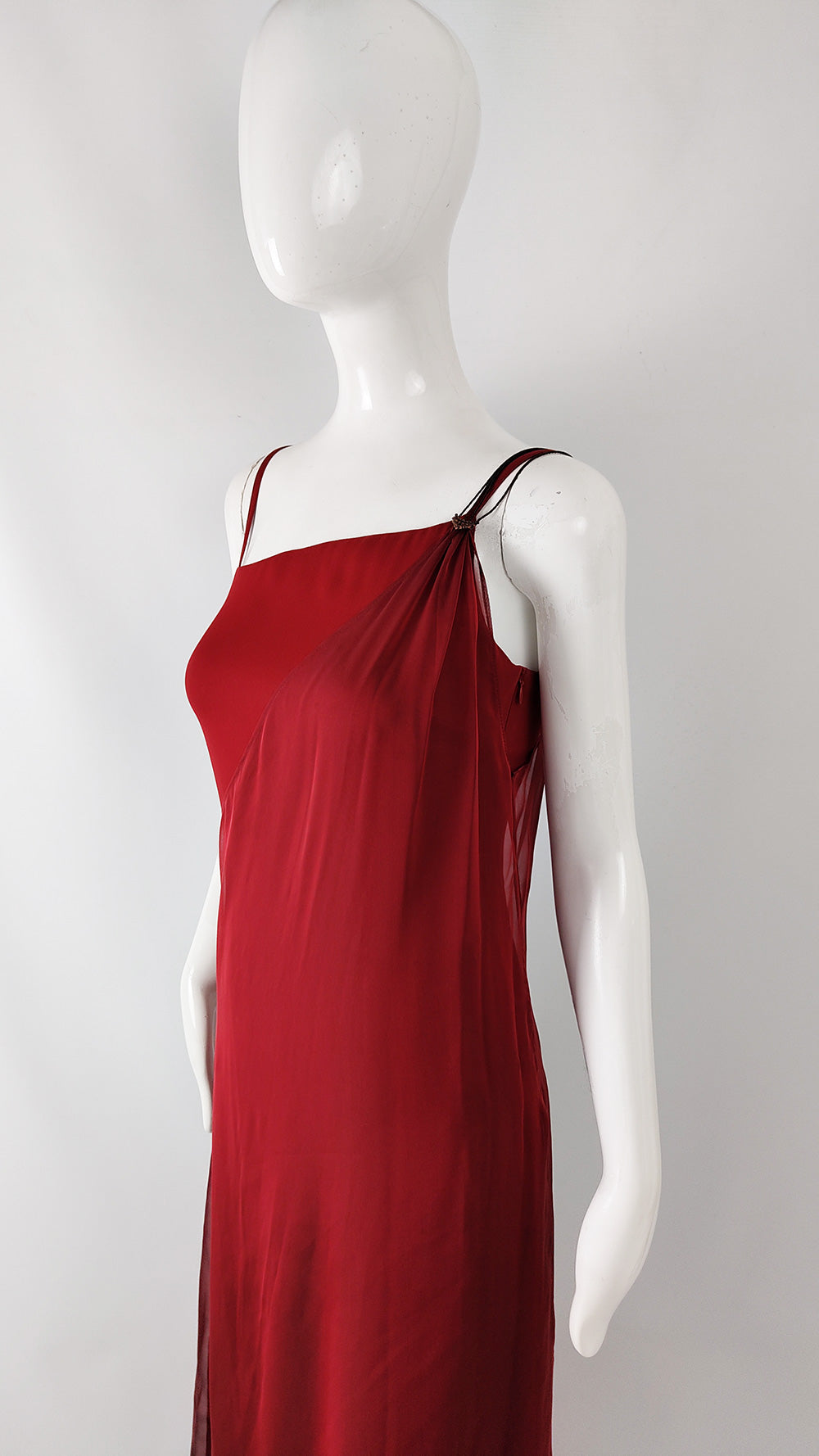 Max Mara Vintage Red Chiffon Overlay Evening Gown, 1990s