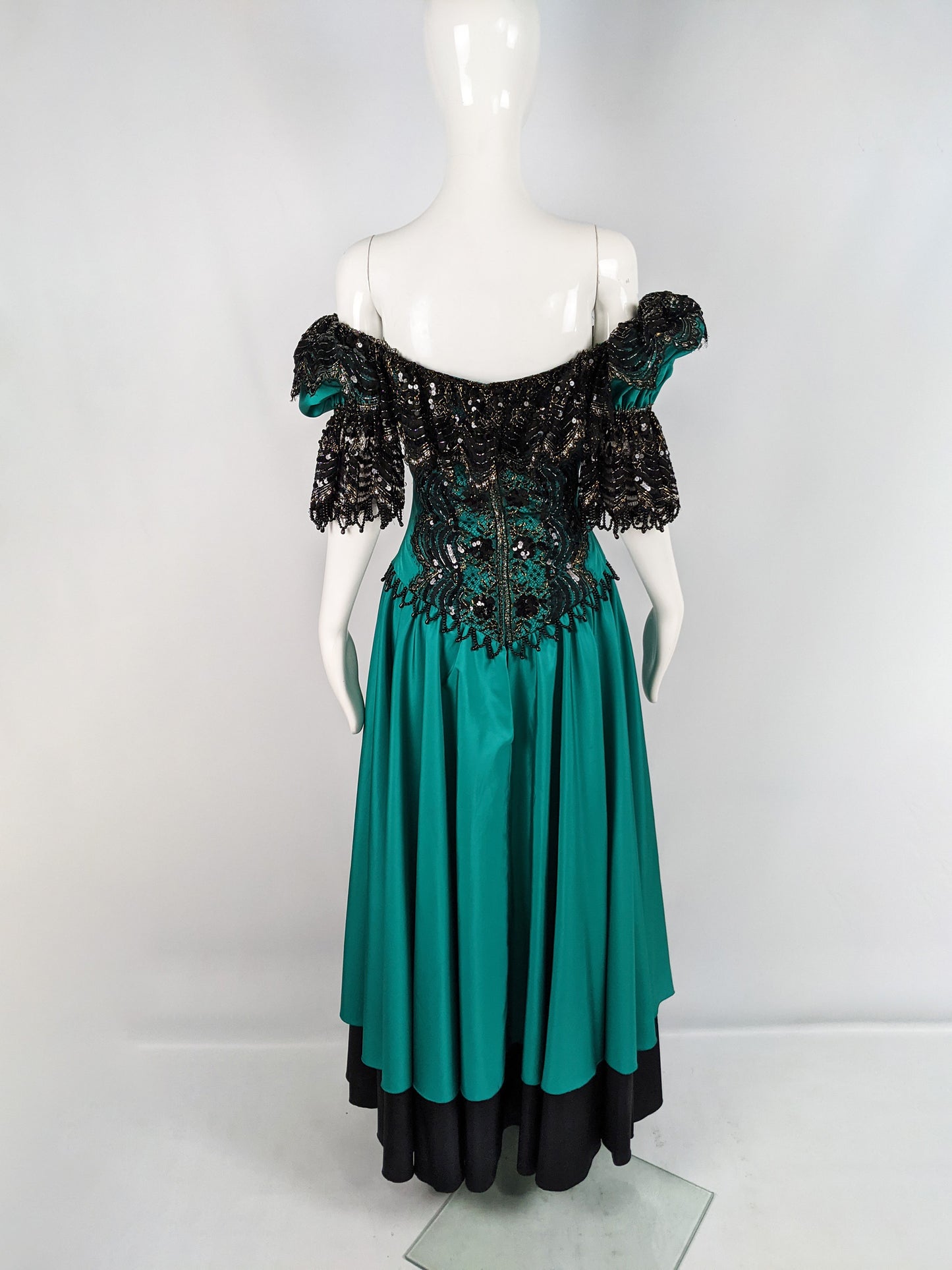 Vintage Taffeta & Black Lace Victorian Style Evening Dress, 1980s