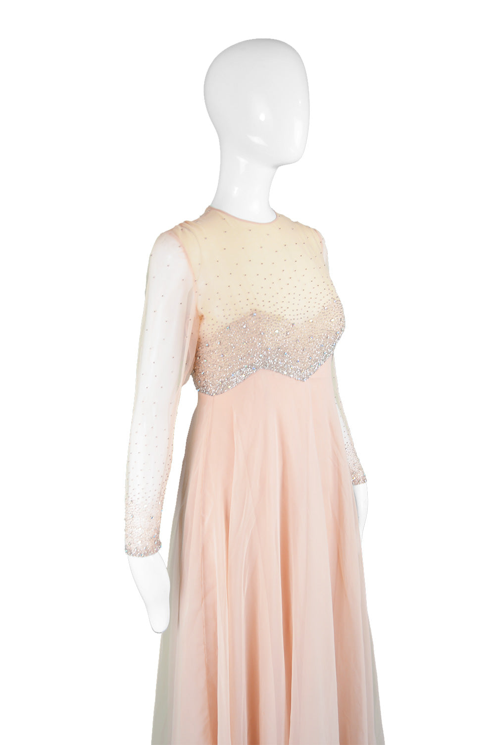 Peach Vintage Chiffon Beaded Evening Gown, 1960s