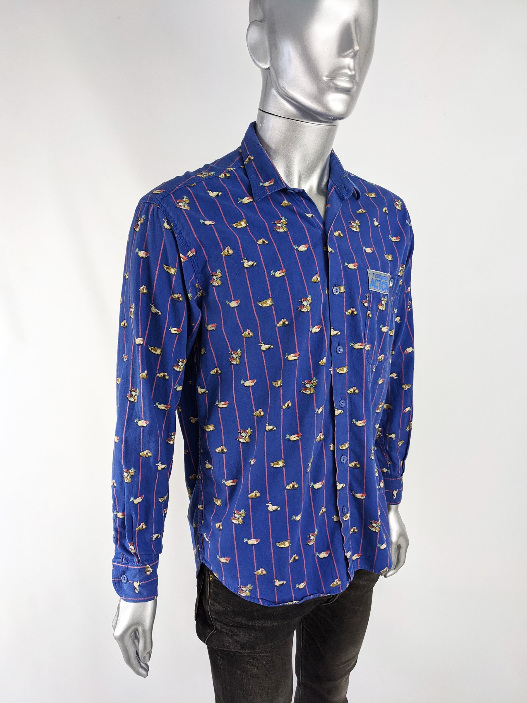 Trussardi Vintage Mens Long Sleeve Blue Duck Print Shirt, 1990s