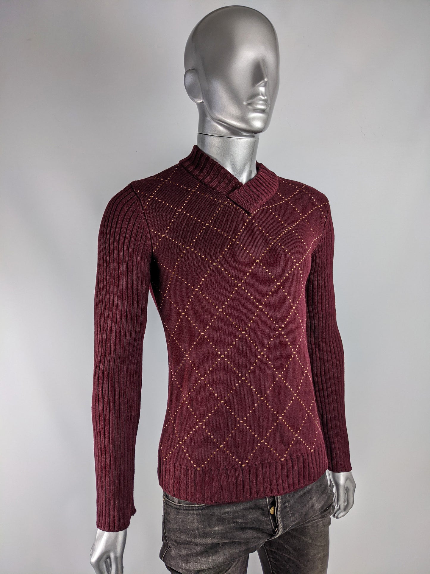 Mens Vintage Burgundy Red Diamond Jumper, 1990s
