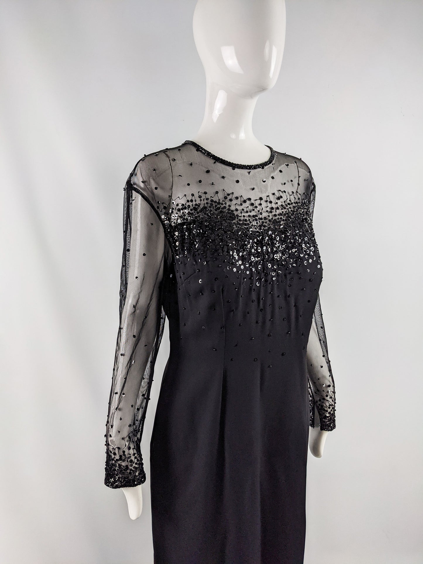 Frank Usher Black Beaded & Sequin Evening Maxi Dress, 1980s