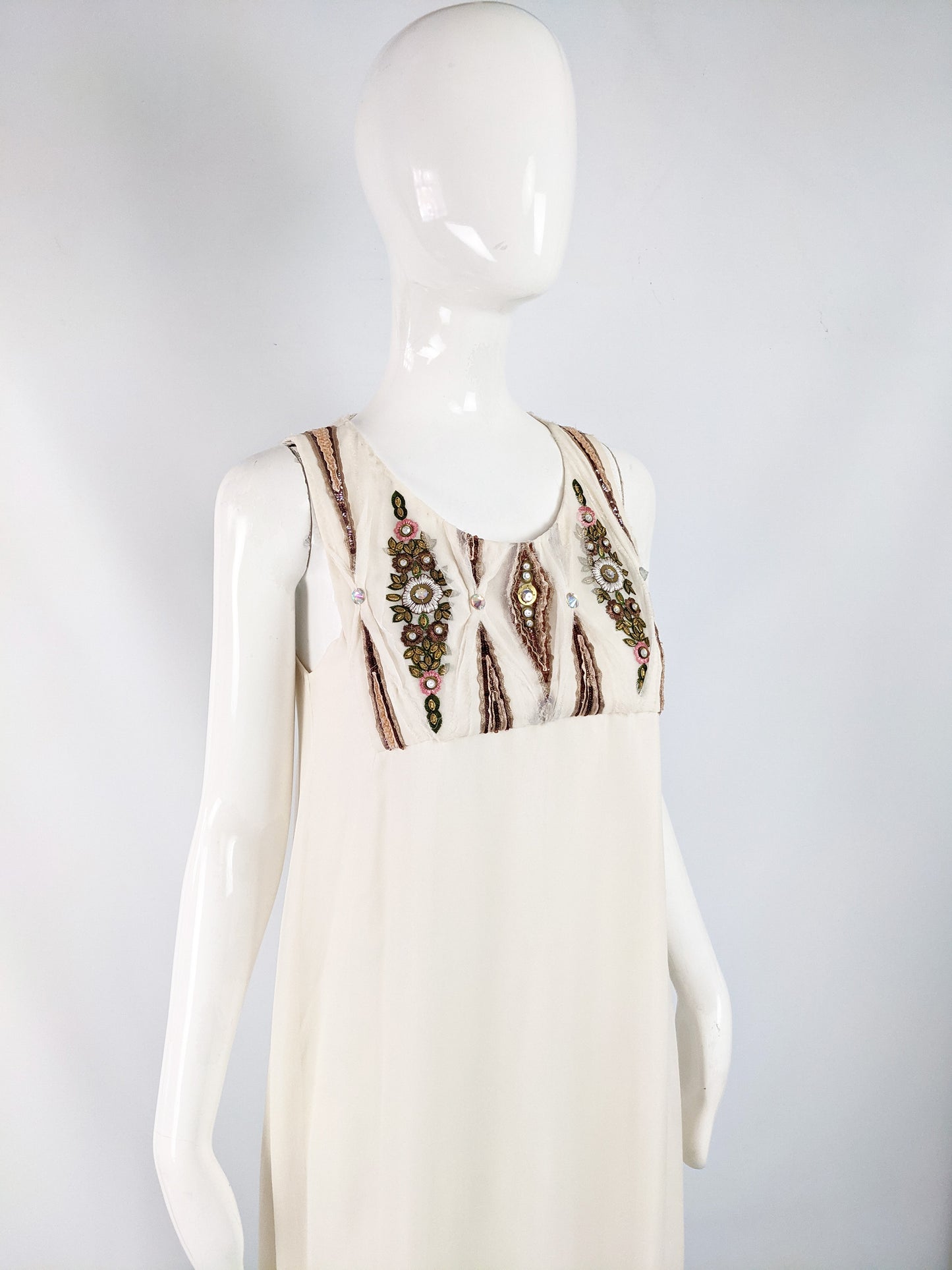 Preowned Beaded Off White Silk Chiffon Evening Dress, 2000s
