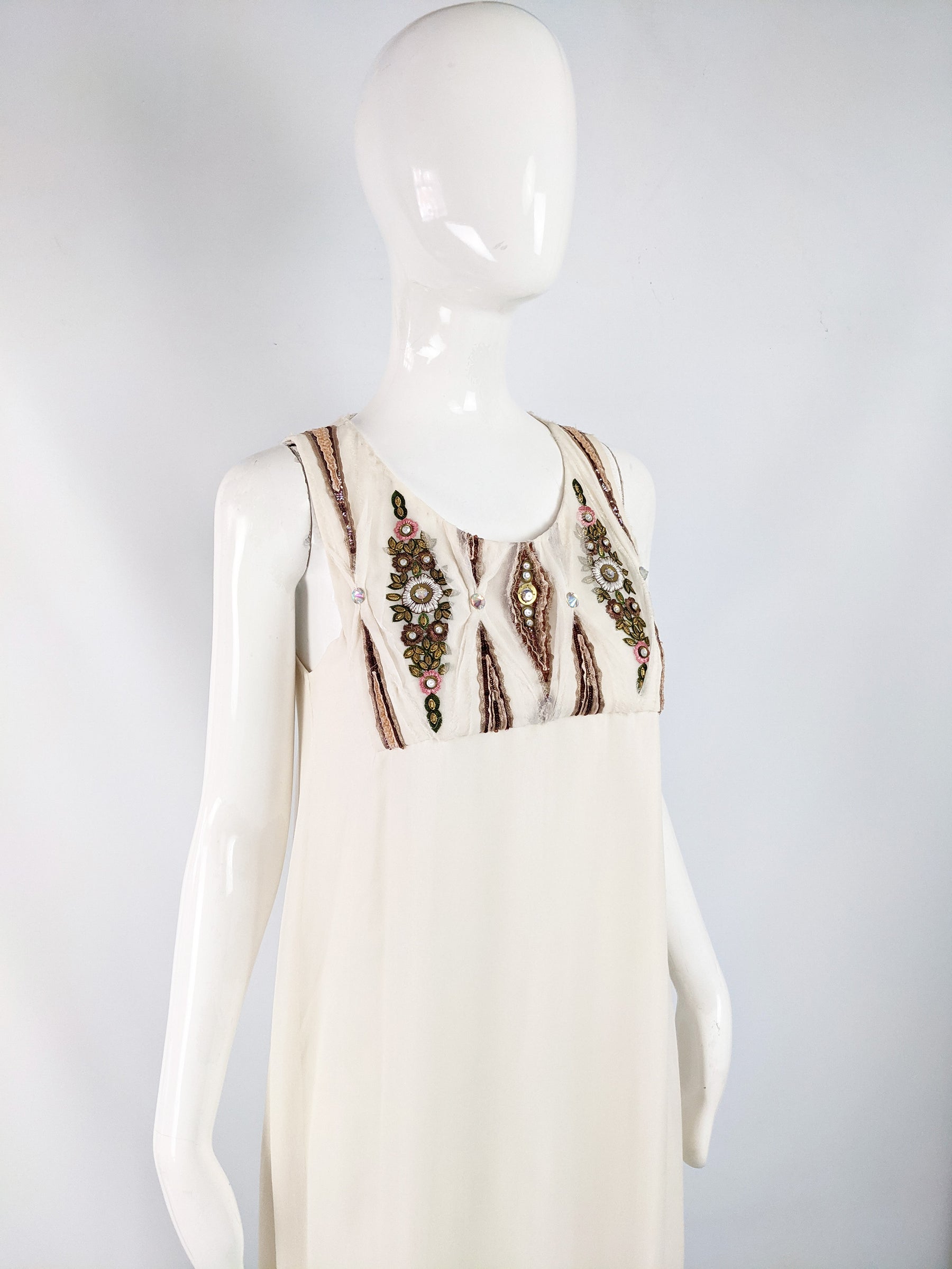 Preowned Beaded Off White Silk Chiffon Evening Dress, 2000s