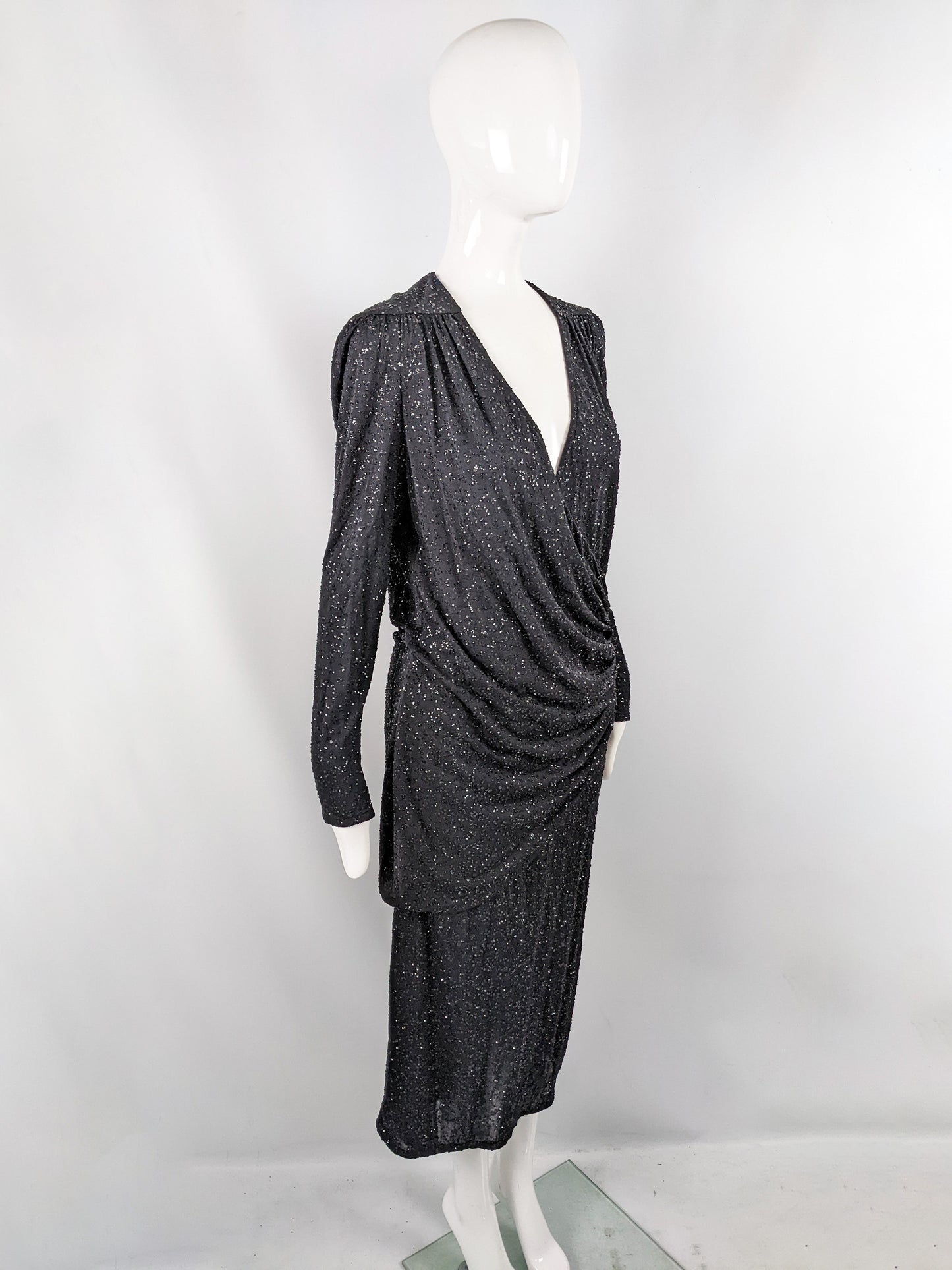 Frank Usher Vintage Black Sequin Glitter Effect Evening Dress, 1980s