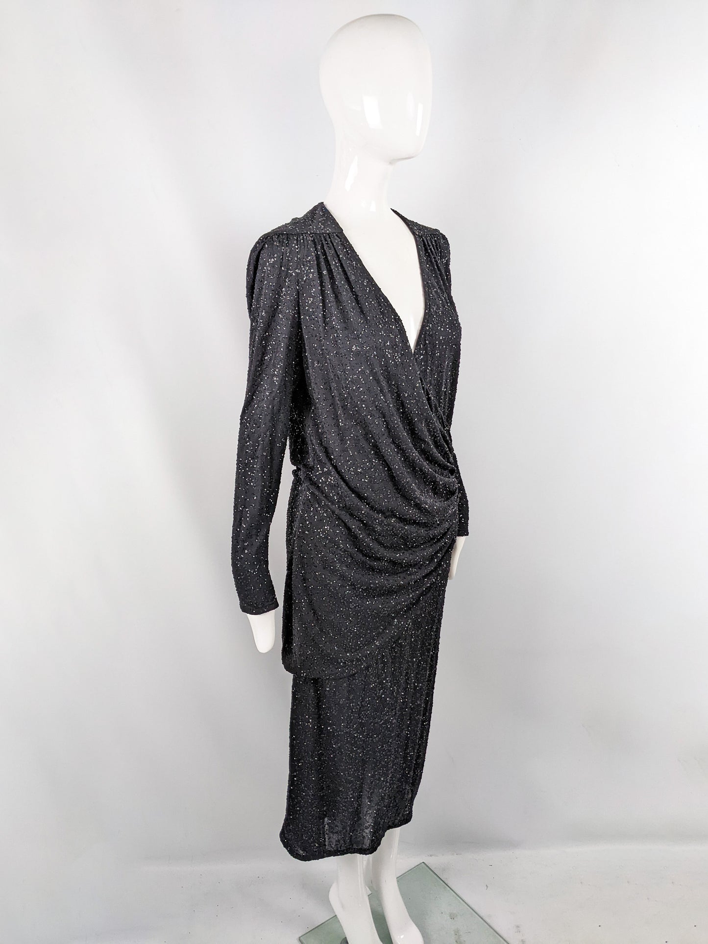 Frank Usher Vintage Black Sequin Glitter Effect Evening Dress