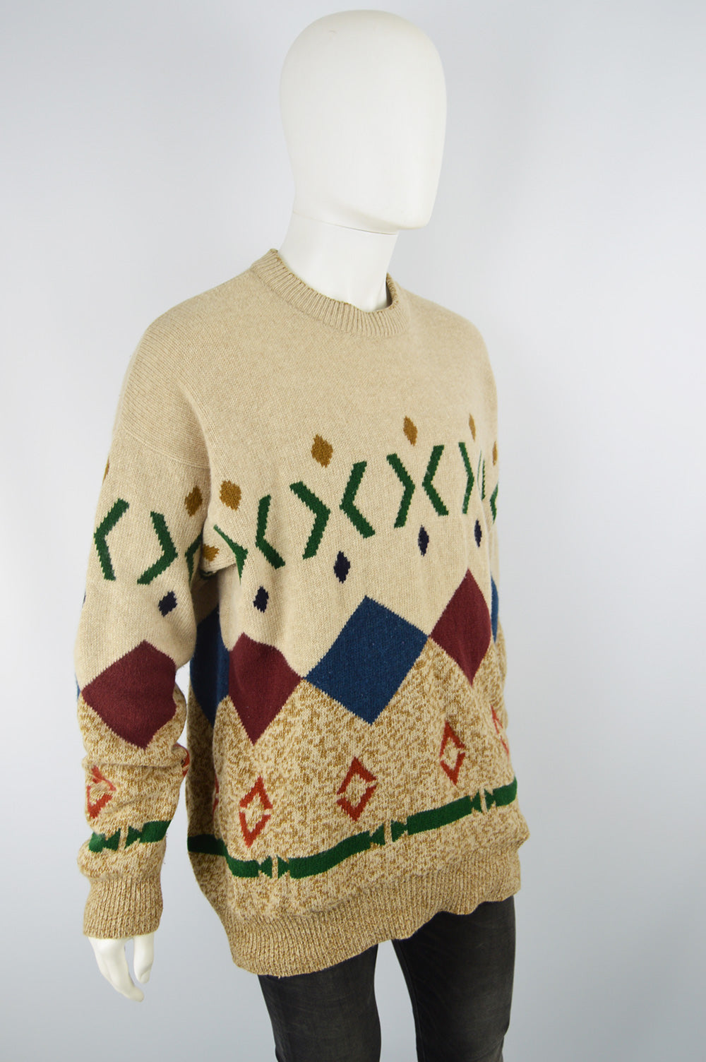 Men's Vintage Diamond Pattern Pure Italian Wool Sweater, 1990s