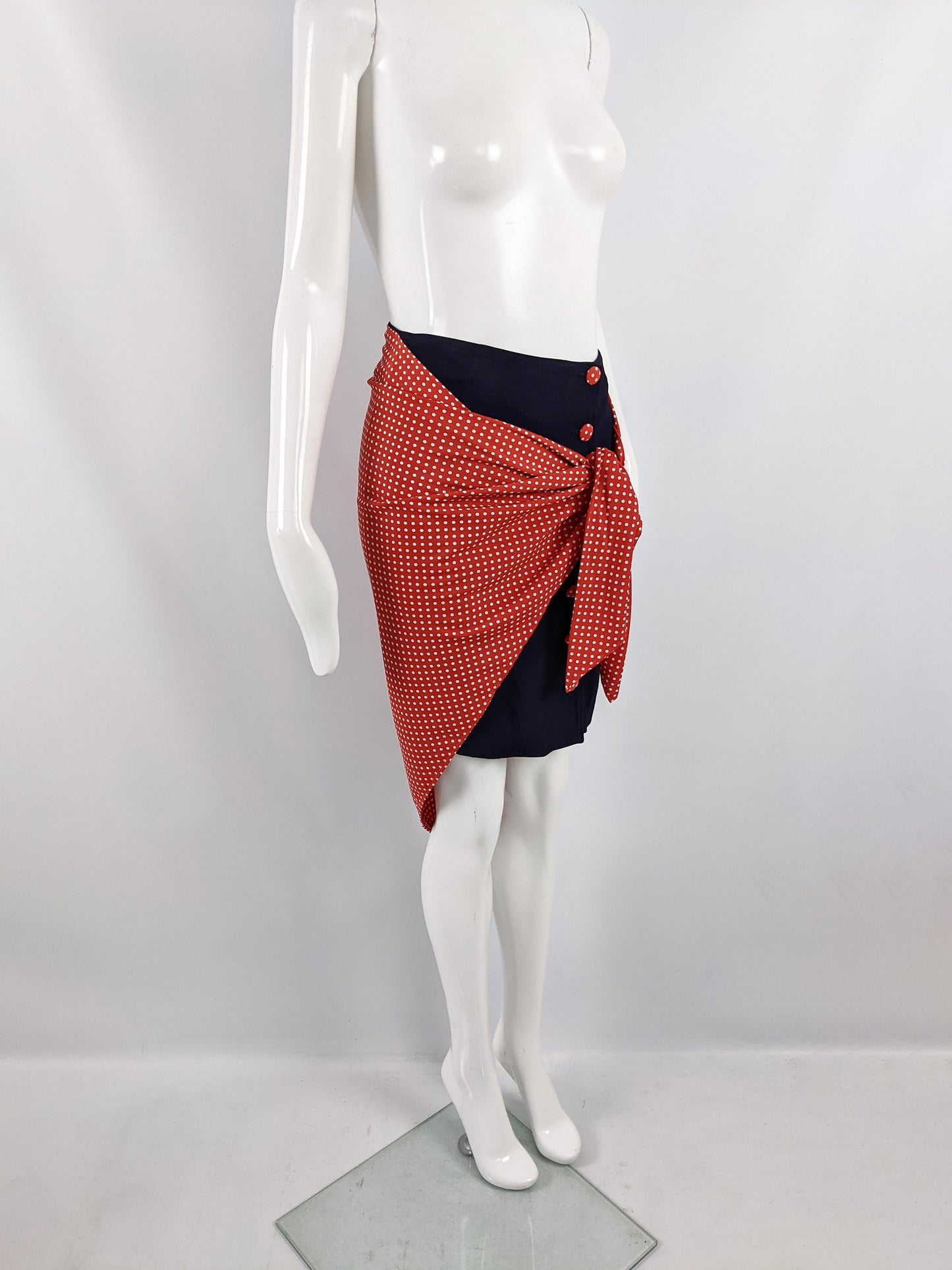 Vintage 1990s Navy Blue & Red Polka Dot Wraparound Skirt