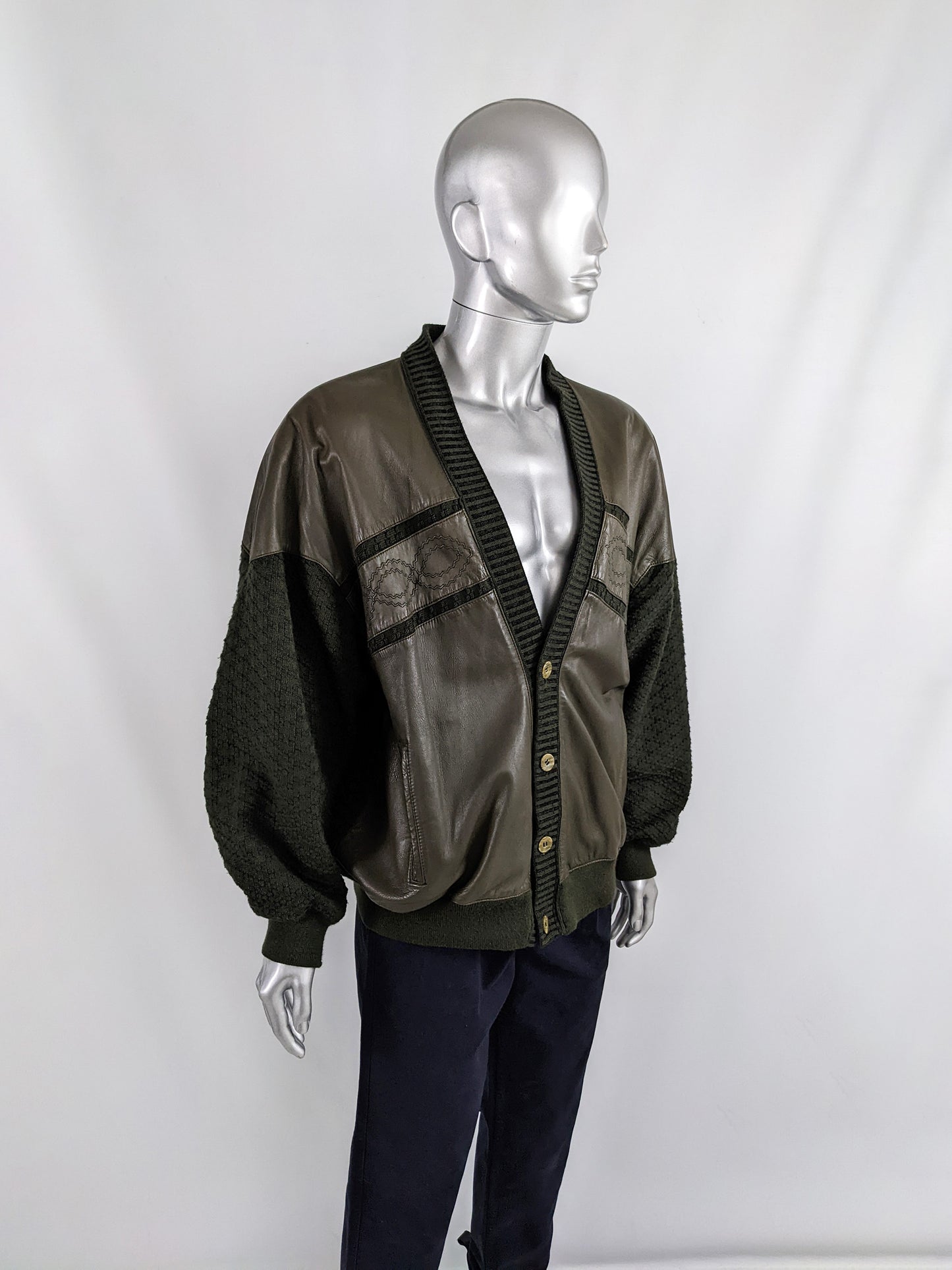 Vintage Mens Green Knit & Leather Cardigan Jacket, 1980s