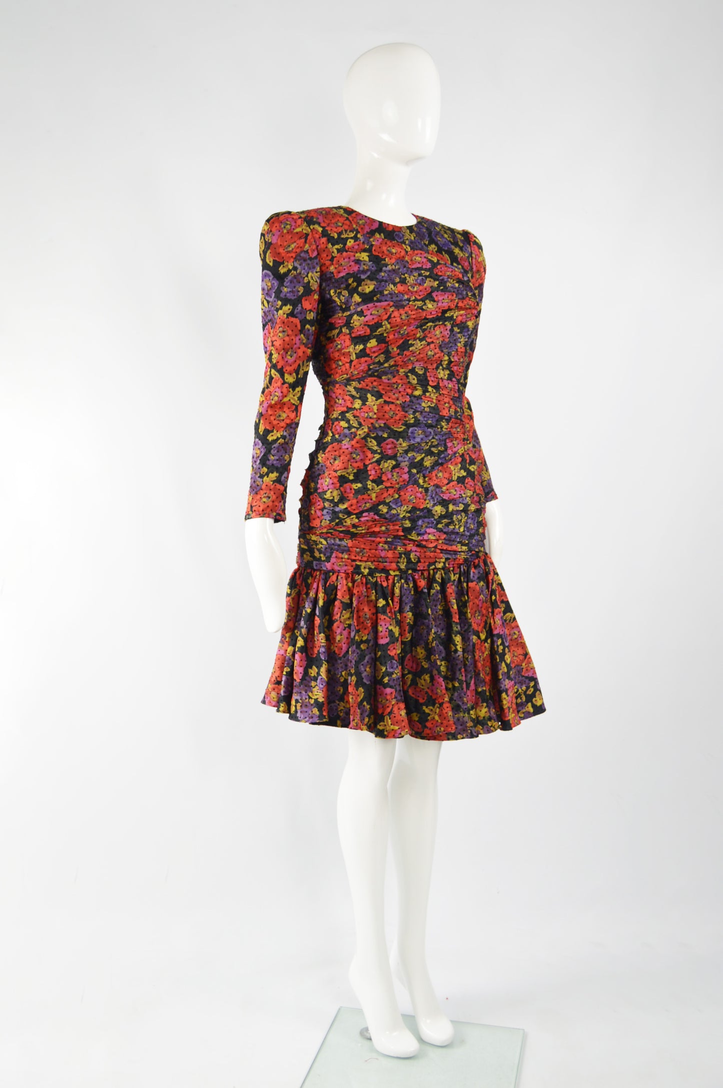 Vintage Ruched Silk Floral Evening Dress, 1980s