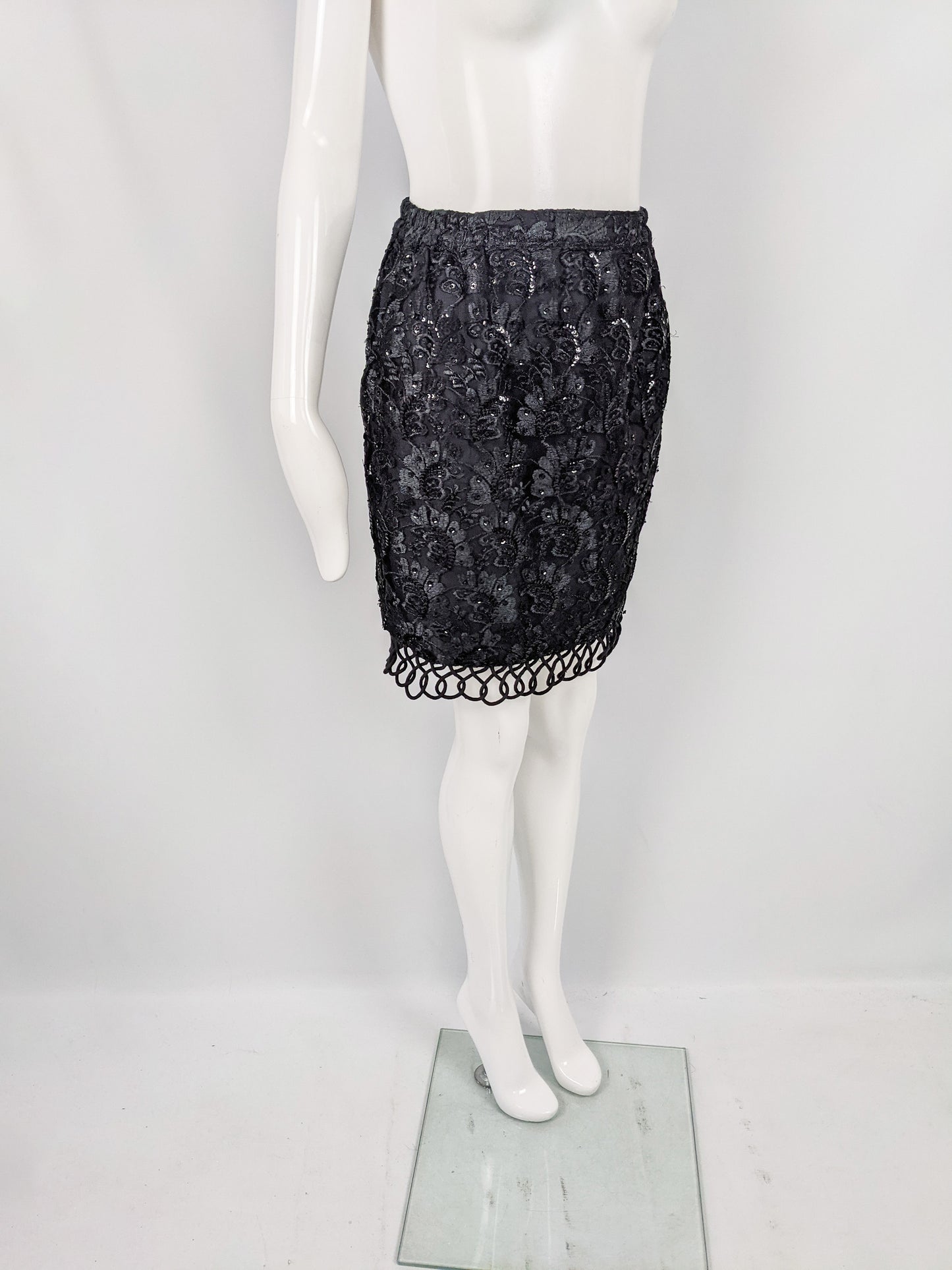 Vintage Black Embroidered Lace & Sequin Party Skirt, 1980s