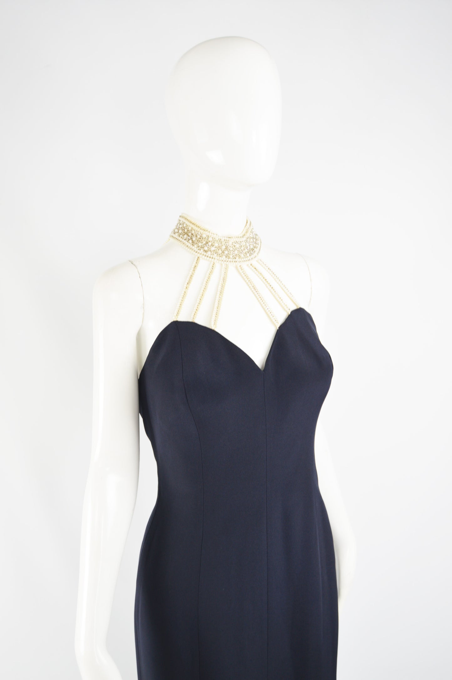 Vintage Pearl Beaded Navy Formal Evening Gown, 1980s
