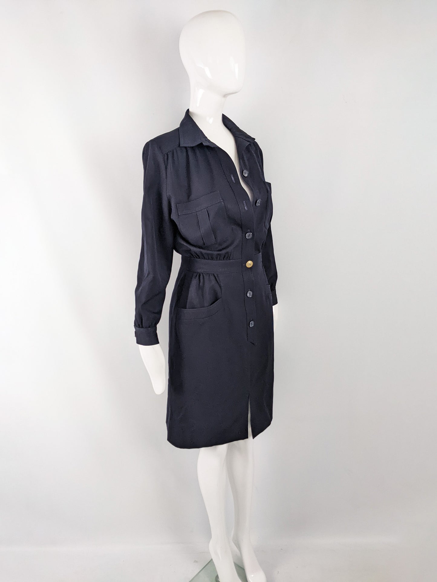 Vintage Navy Blue Blouson Wool Gabardine Dress, 1980s