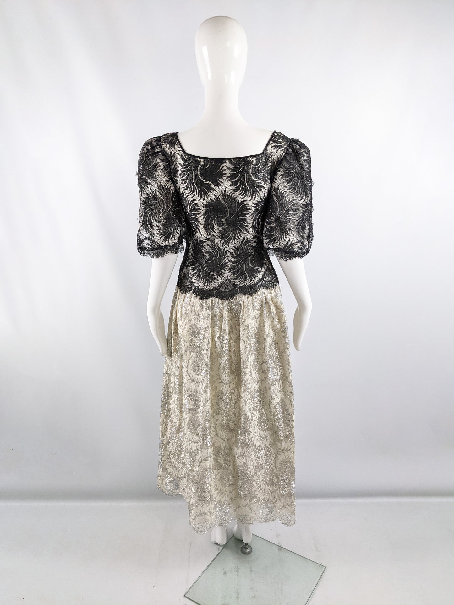 Vintage Sheer Black & Gold Lace Evening Dress, 1980s