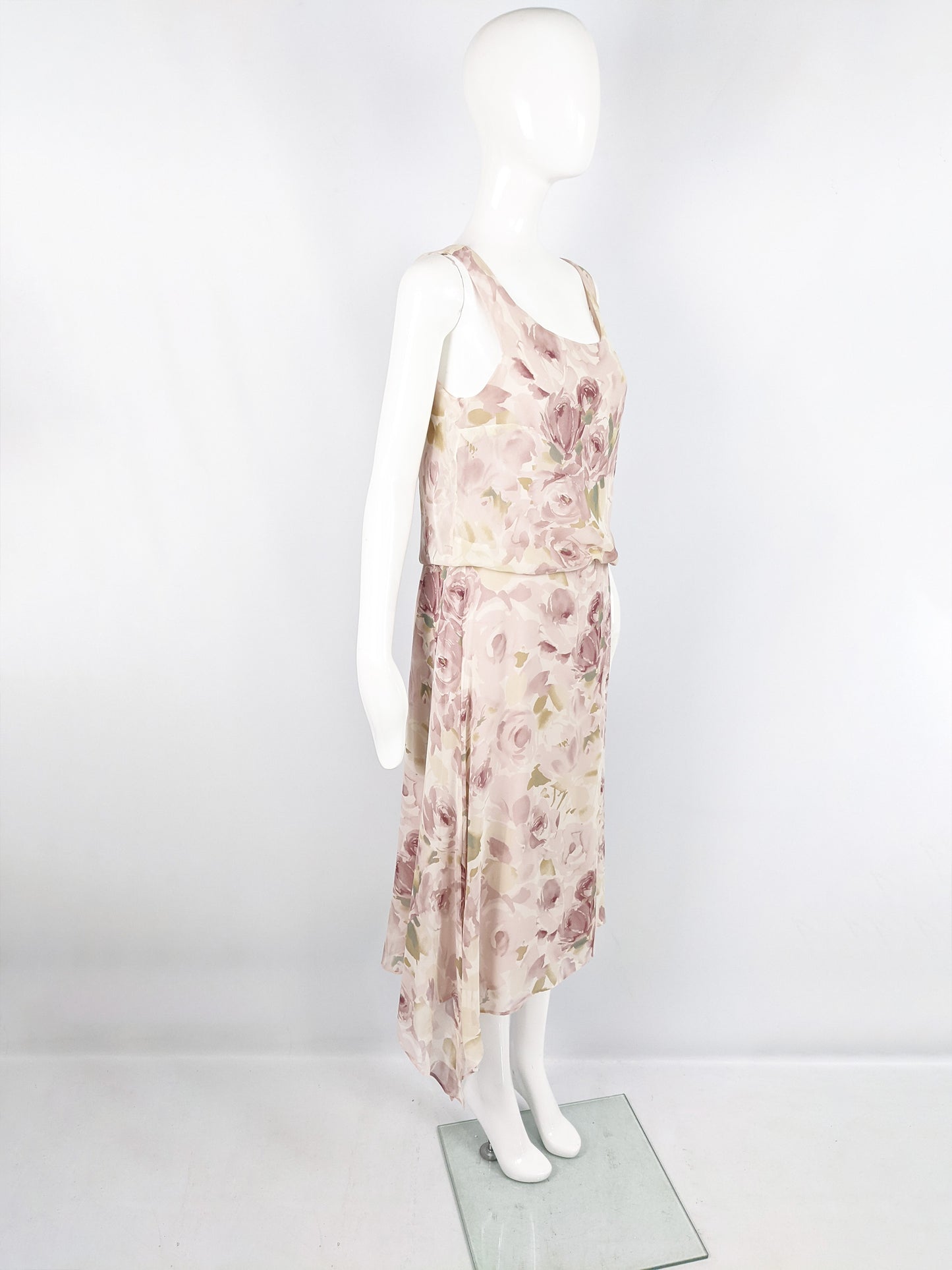 Vintage Pastel Sheer Floral Pure Silk Chiffon Blouson Dress, 1990s