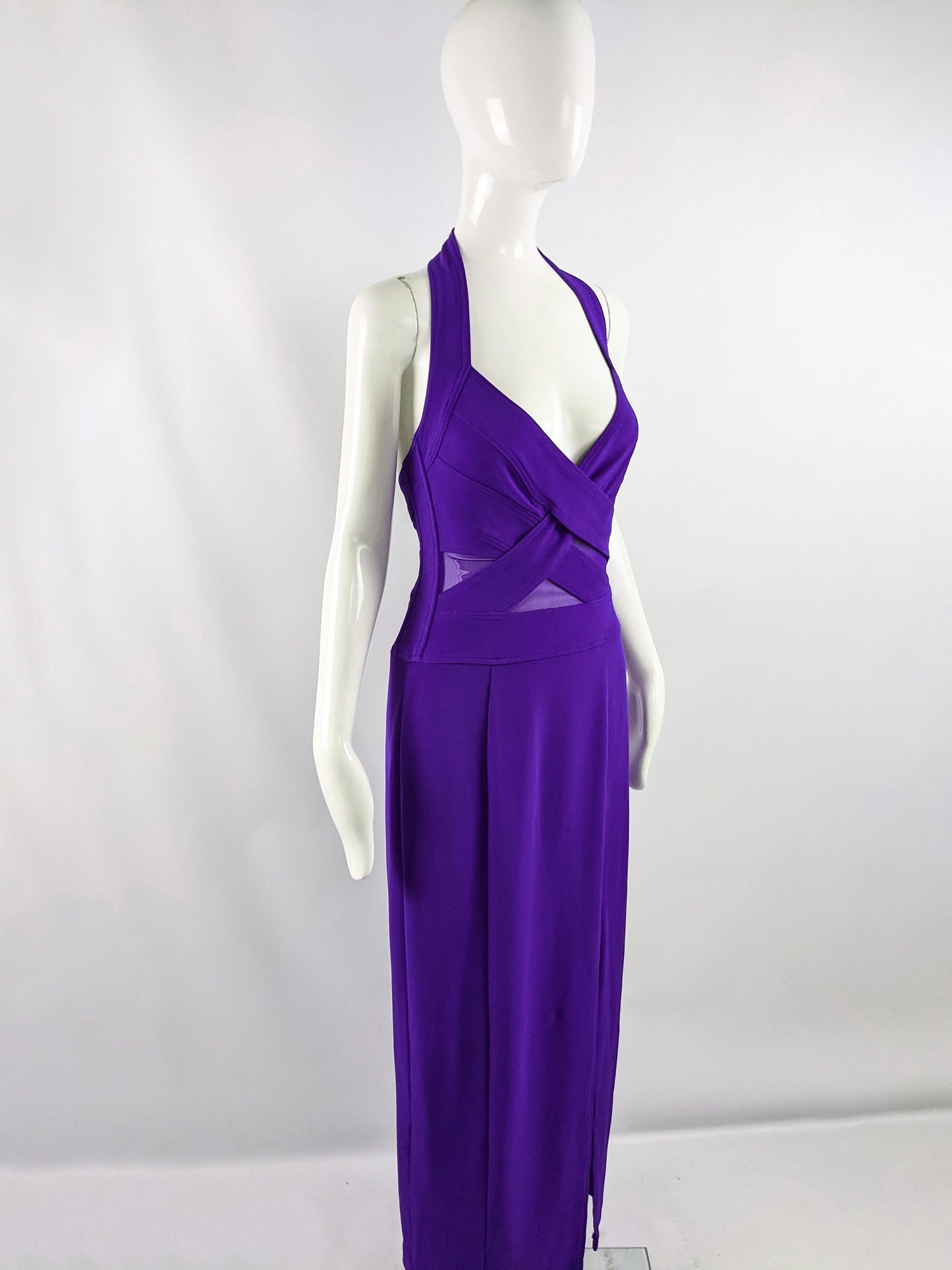 Tadashi Vintage Sheer Mesh Cut Out Evening Gown, 1990s