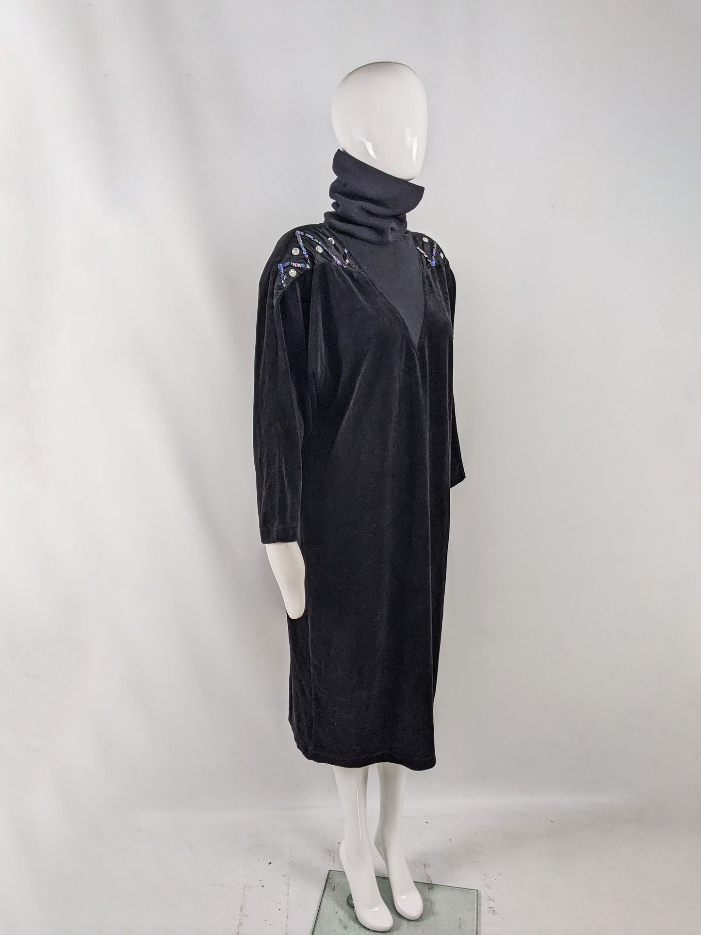 Vintage Black Velour Beaded Oversized Party Dress, 1980s