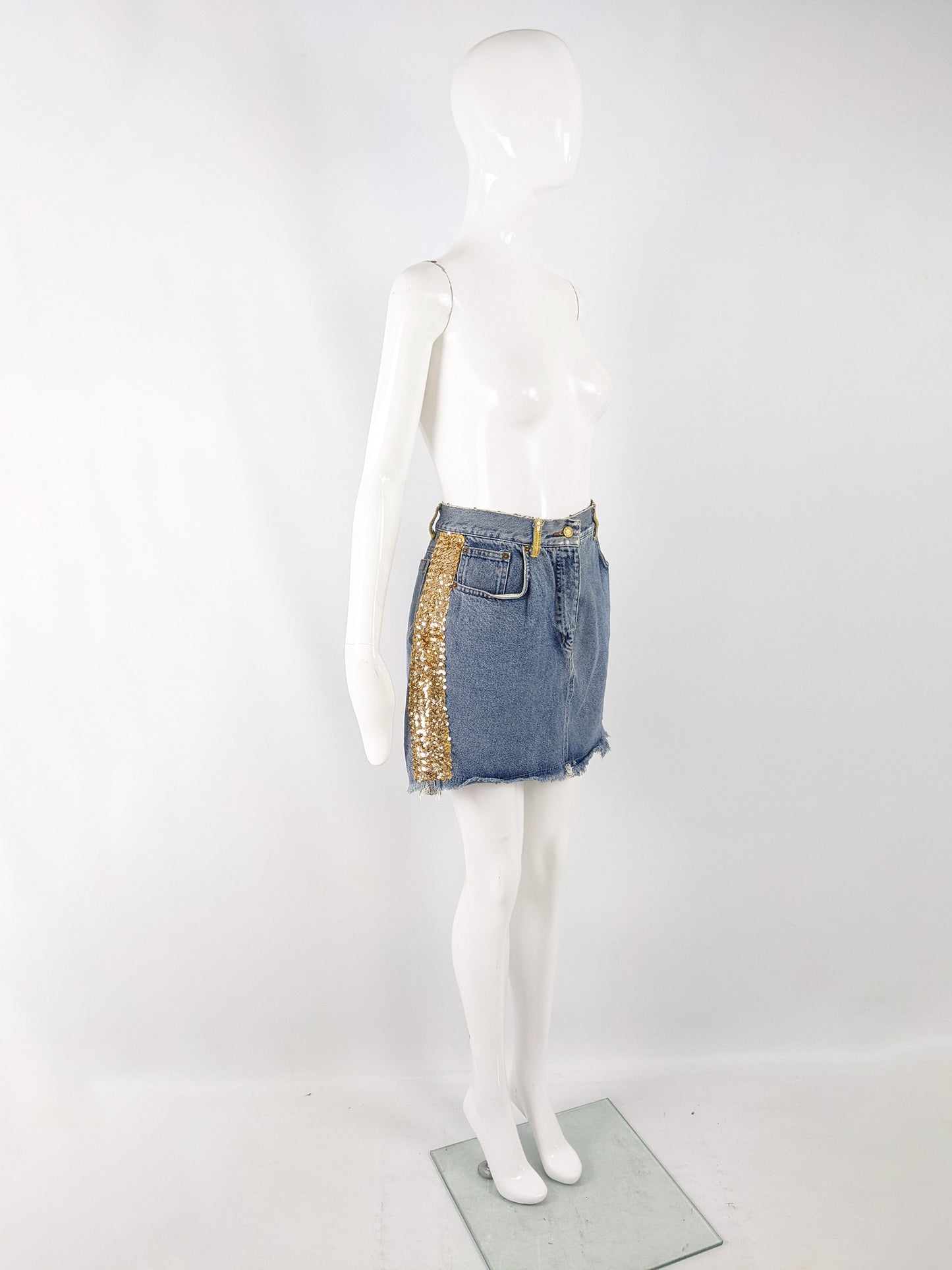 Katharine Hamnett Vintage Blue Denim & Gold Sequin Skirt, 1980s