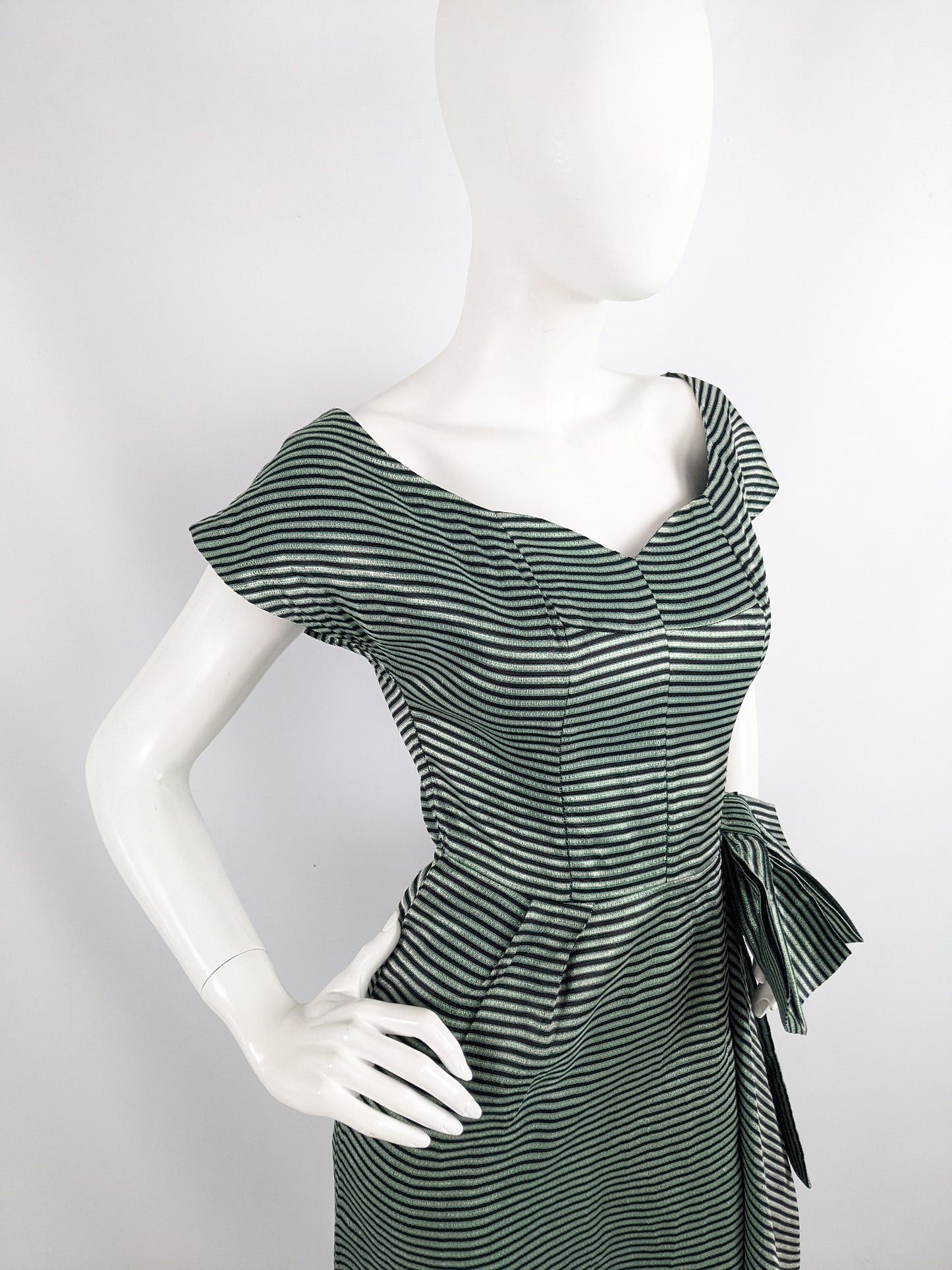 Richard Grossmark Vintage 50s Green Lamé Striped Evening Dress, 1950s