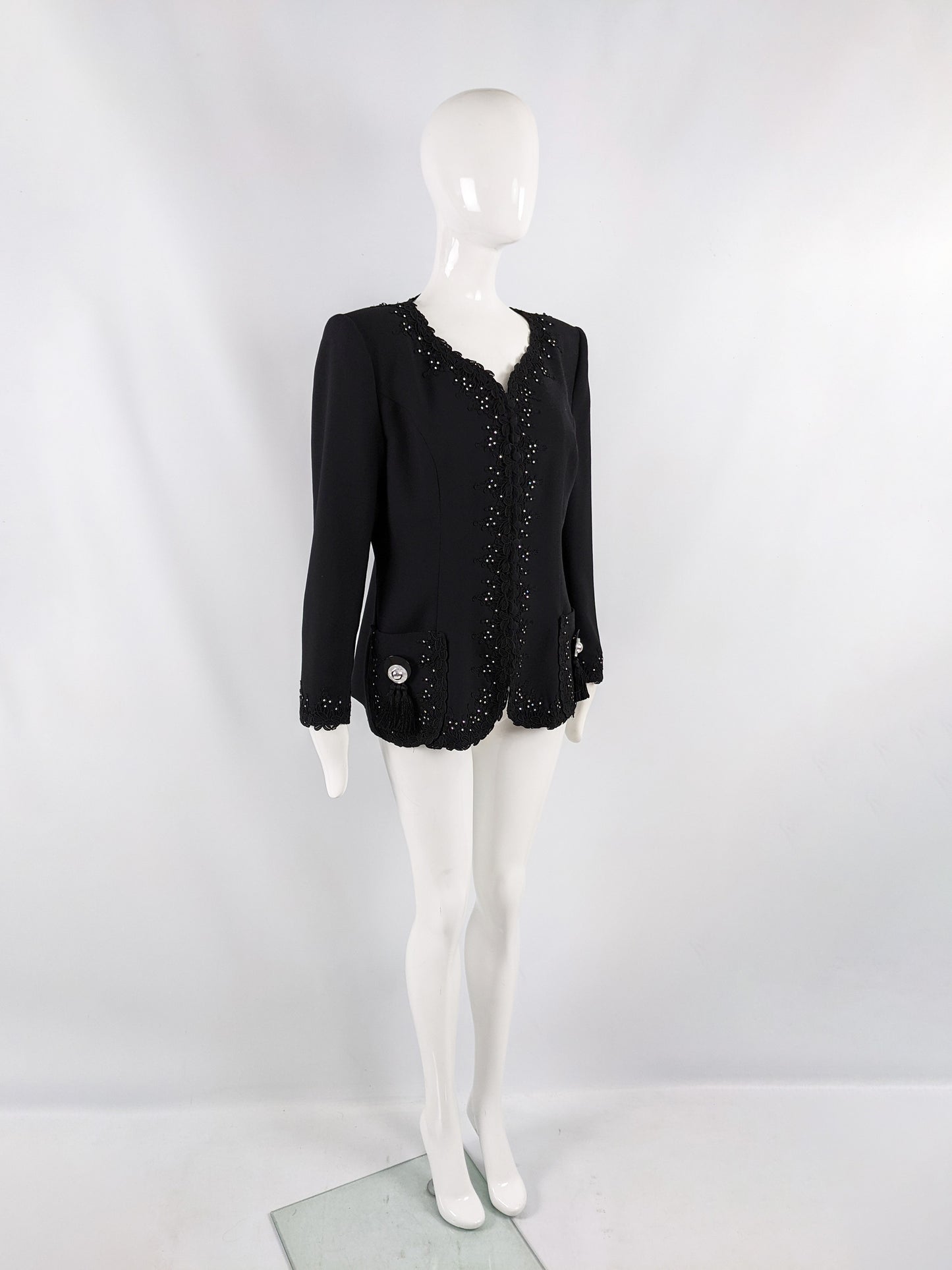 Helen Anderson Vintage Womens Fringed Lace Trim Crepe Jacket, 1980s