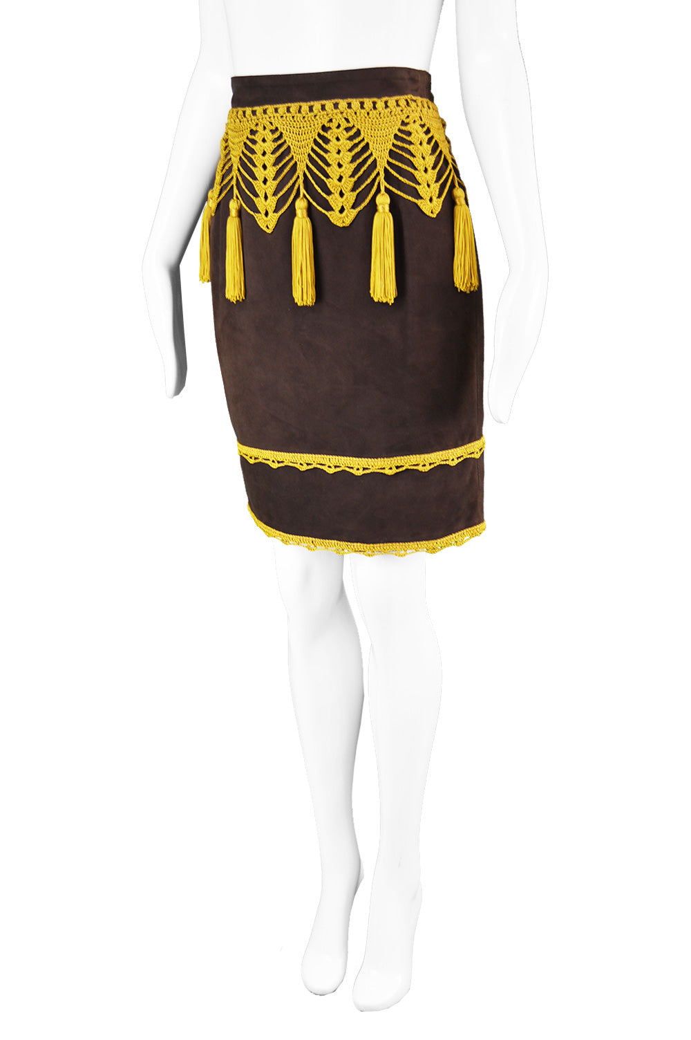 Preowned Brown Suede & Macramé Tassel Skirt, 1980s