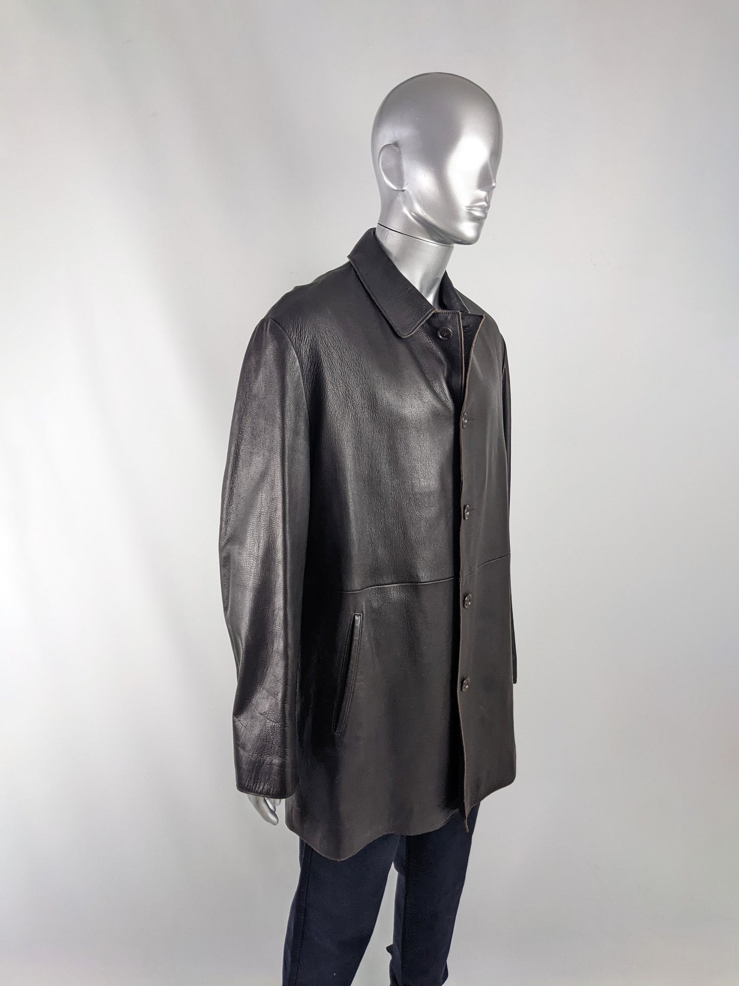 Donna Karan Vintage Mens Dark Brown Leather Coat, 1990s