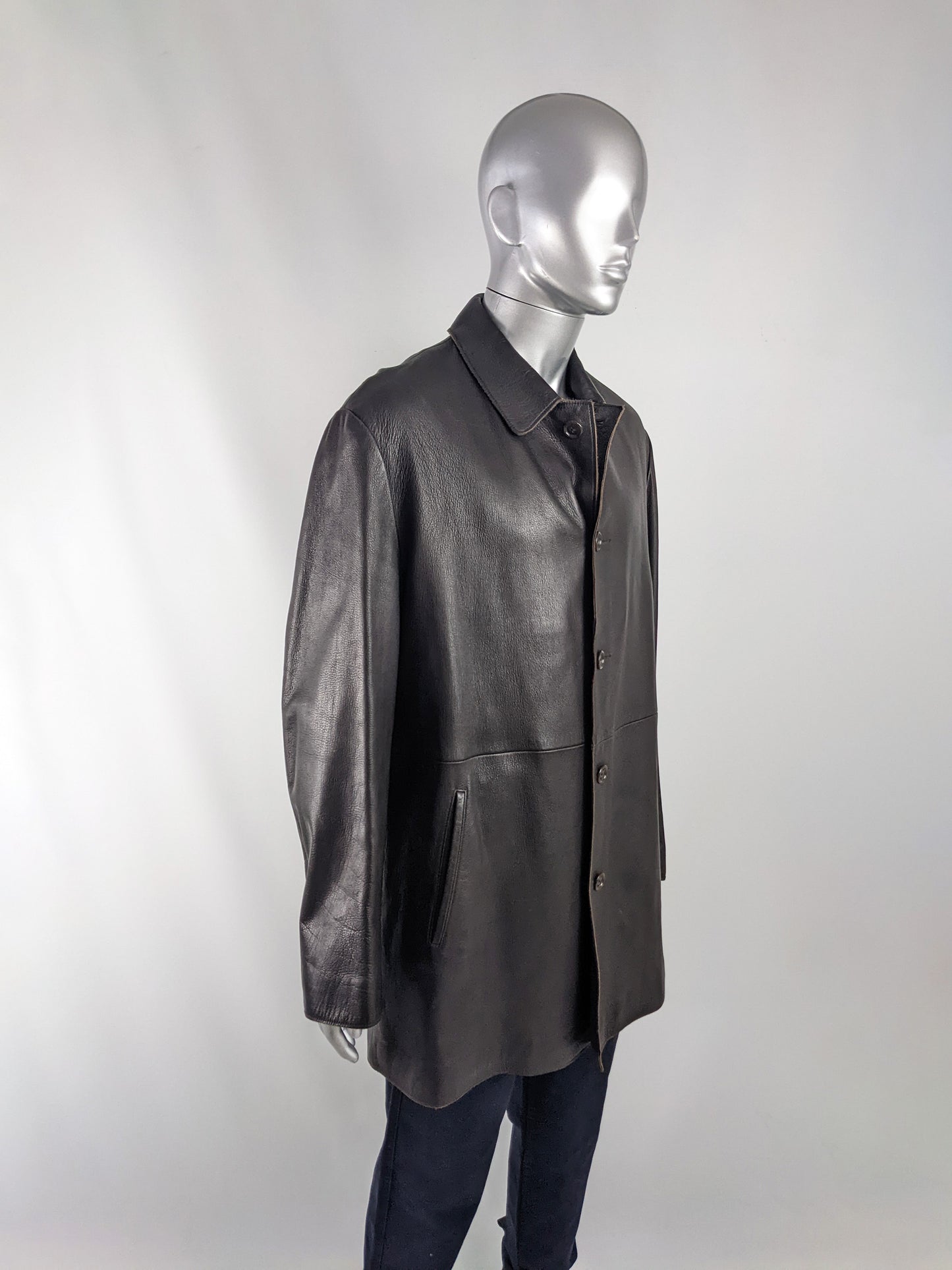 Donna Karan Vintage Mens Dark Brown Leather Coat, 1990s